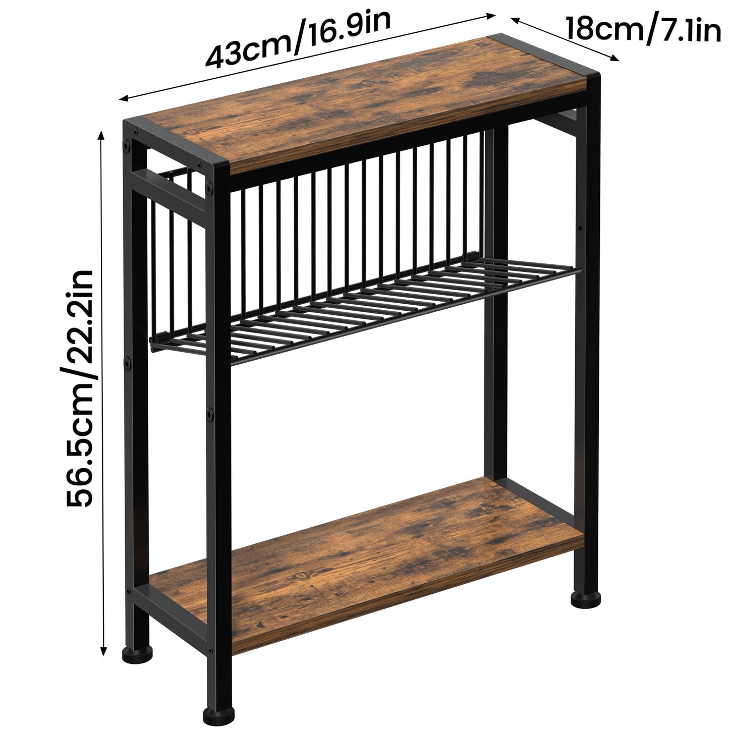Homedawn Small Side Table for Small Space, 3-Tier Narrow End Table with Magazine Holder,Slim Nightstand, Skinny Snack Couch Table in Living Room, Bedroom Study and Balcony (Rustic Brown &Black)