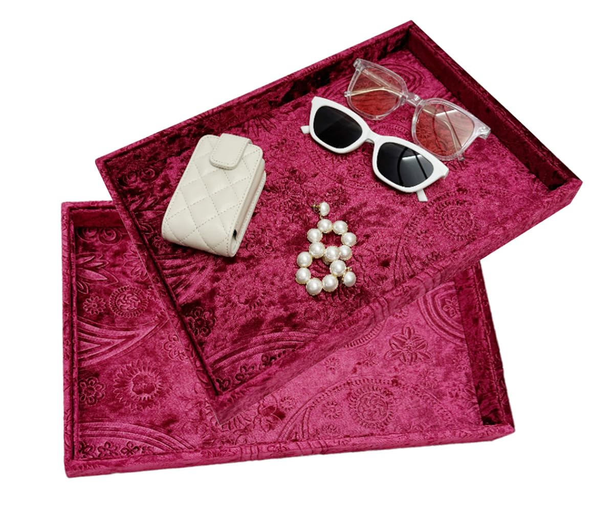 AgentMoon 2 Pieces Set Decorative Jewelry Tray,Makeup Removed Tray or Storage Tray for Eyeglasses Phone Watch Bracelet Earring.Special Velour Lining Fully Wrapped. (2PCS) (Embossed Red)