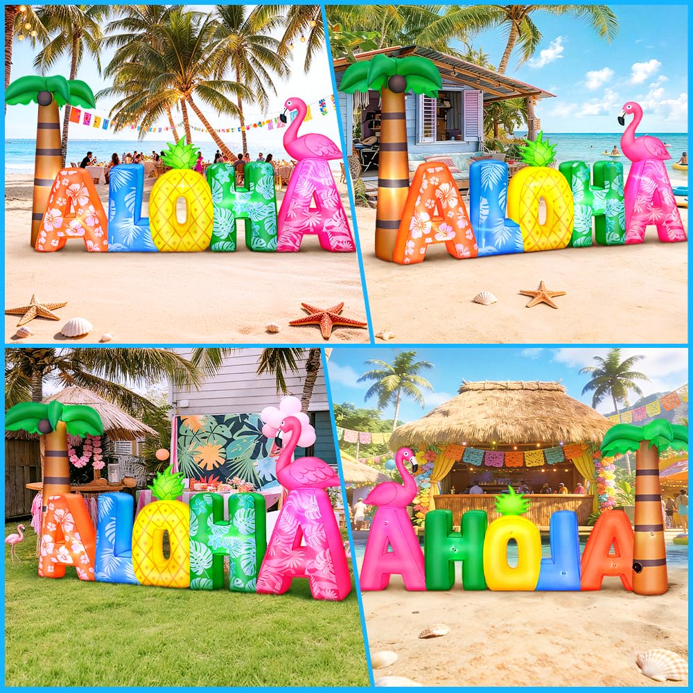 KOOY 8.7FT Long Summer Inflatables Aloha with Flamingo and Pineapple, Built-in LED Blow up Hawaiian Luau Party Decorations, Summer Inflatables Outdoor Decorations for Luau Tiki Bar Beach Pool Patio