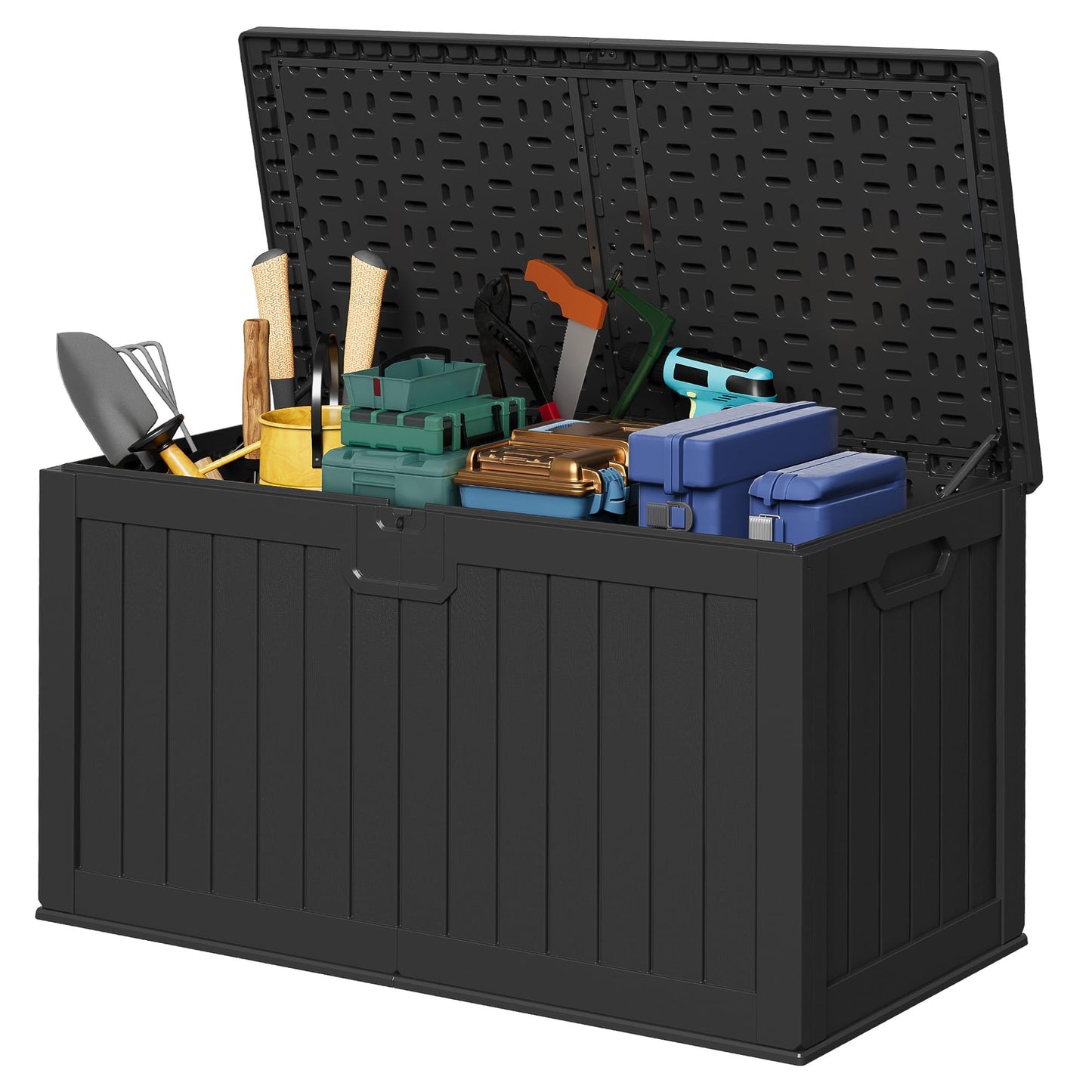 Devoko 240 Gallon Double-Wall Deck Box with Divider, Side Handles, Resin Outdoor Large Storage Box Waterproof and Lockable for Patio Furniture, Garden, Pool (Black)