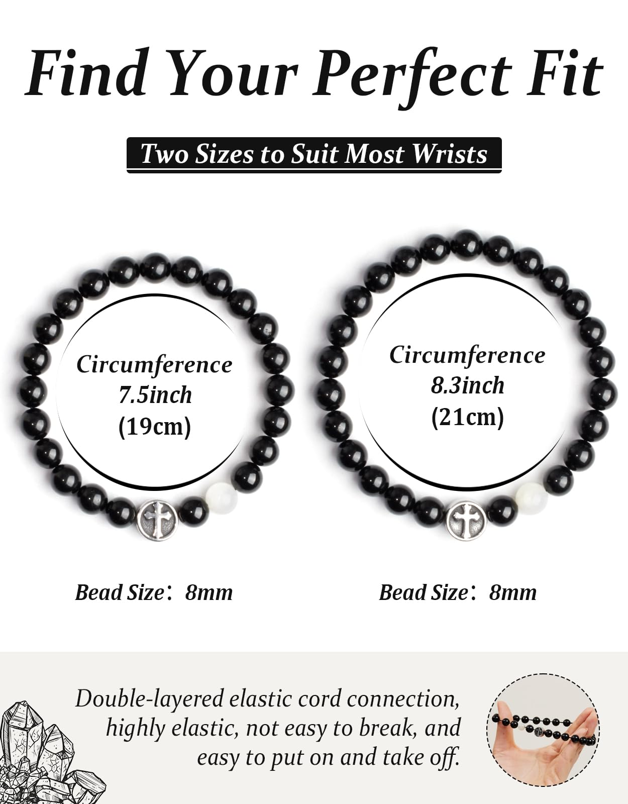 Landorilo Gifts for Men, 8mm Cross Natural Stone Beaded Bracelets, Black Tourmaline Healing Bracelet, Handmade Mens Jewelry Gift for Him, Husband, Son, Father, Friend(Happy Birthday-7.5in)