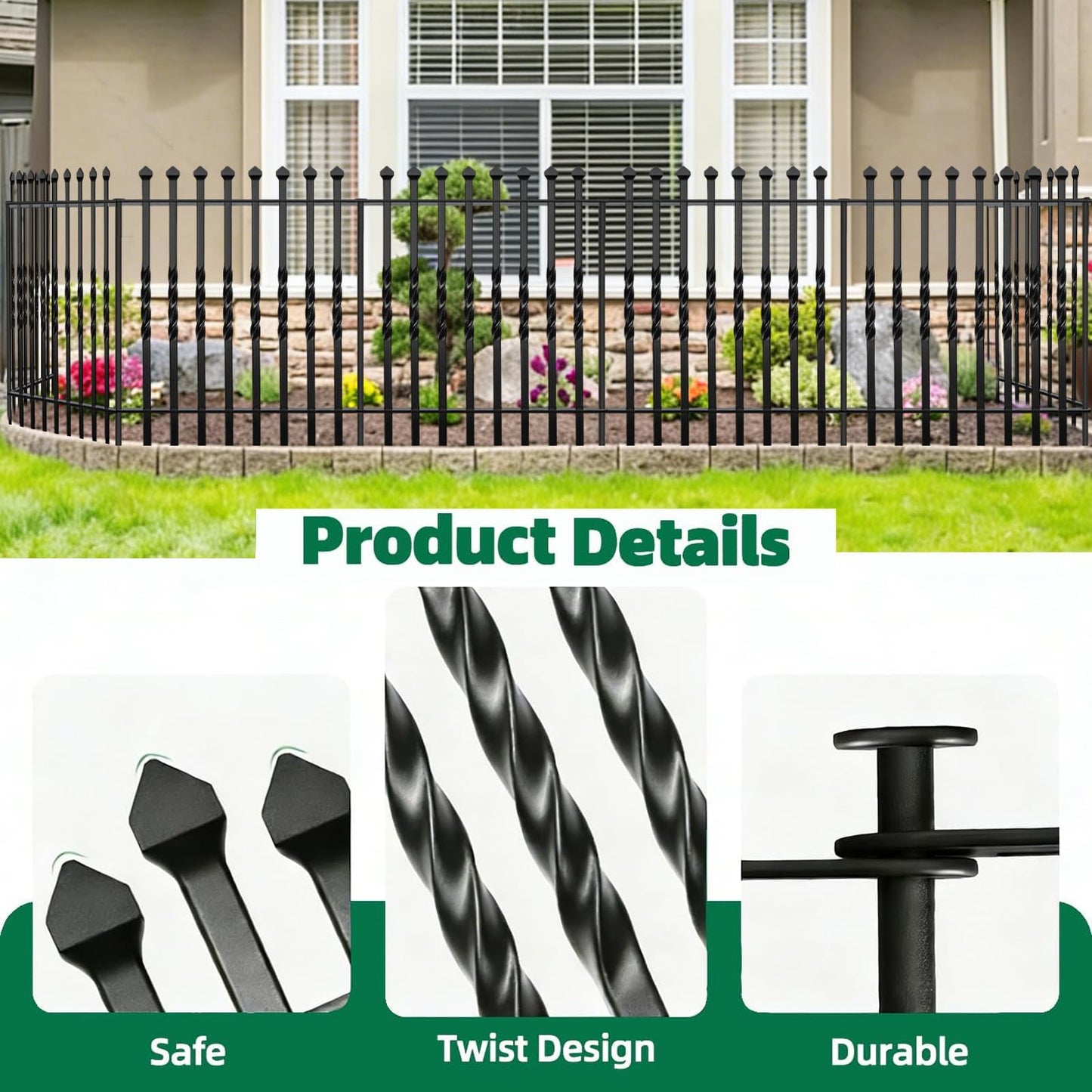 GILPWA 10 Panels Decorative Garden Fence, 32in(H)×24Ft(L) Heavy Duty Twist Outdoor Dog Fence Rustproof Metal Square Tube No Dig Animal Barrier Border Fencing for Temporary Yard Patio Landscape