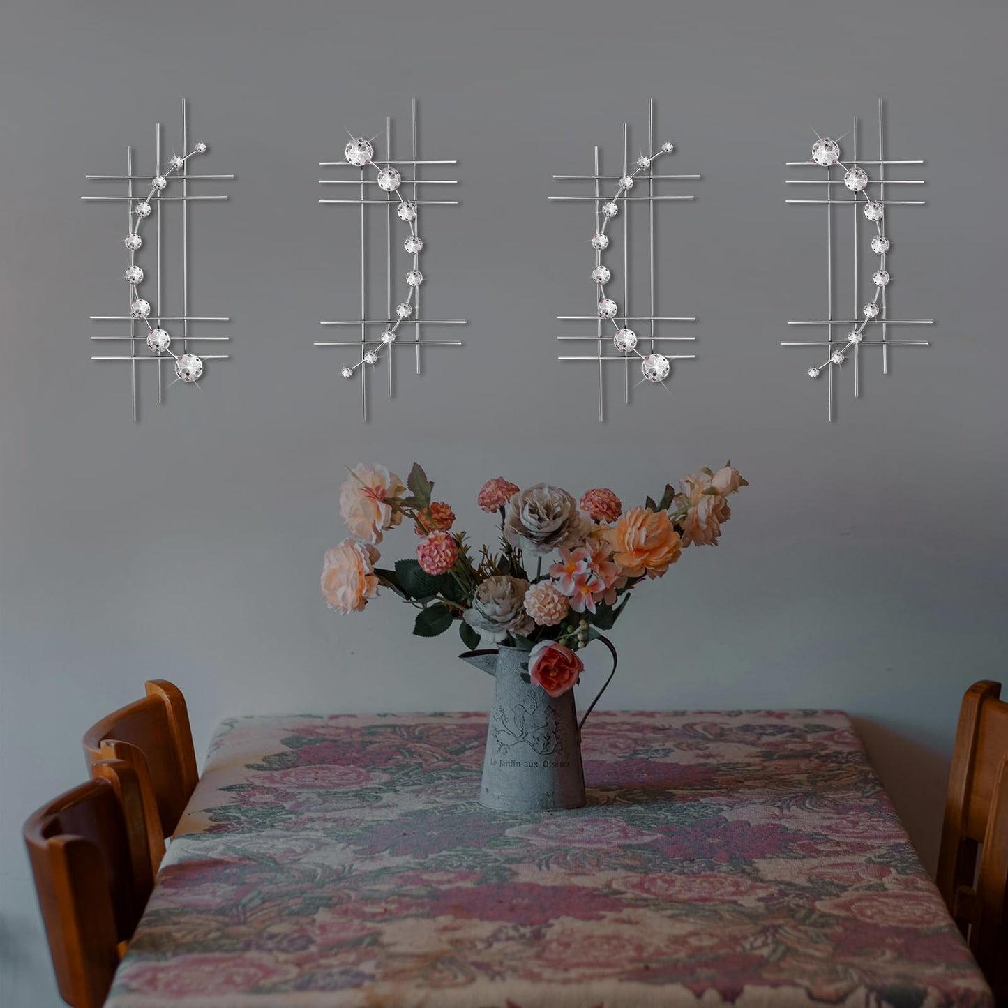 ZEXUIRU 4 Set Bling Metal Wall Art Jeweled Crystal Hang Wall Decor Rhinestone Diamond Iron Abstract Wall Sculpture 16.7 * 7inch Silver