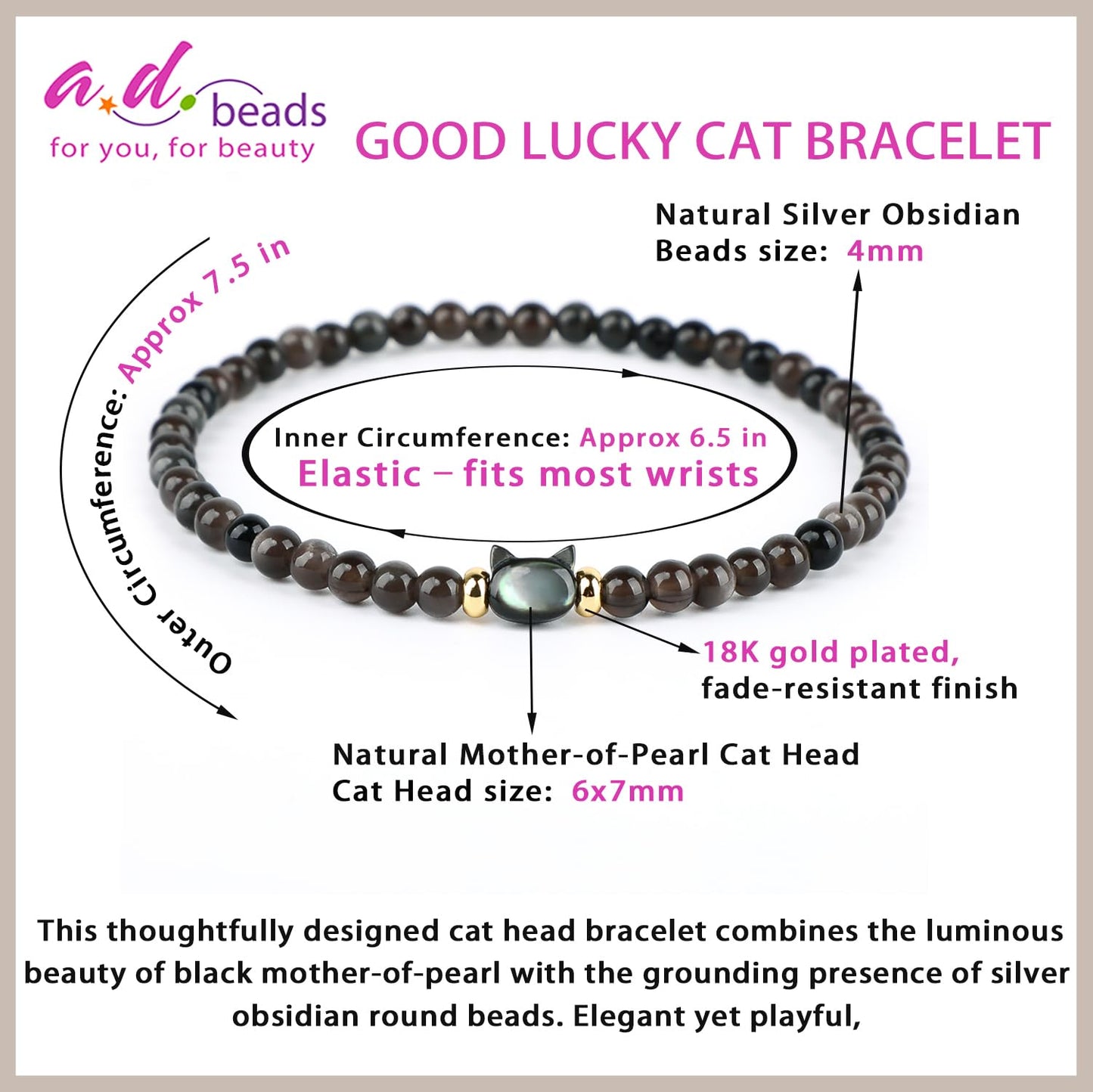 AD Beads 4mm Cat Head Silver Obsidian Bracelet – Attract Money, Abundance & Business Luck, Beaded Spiritual Energy Bracelet for Women and Men