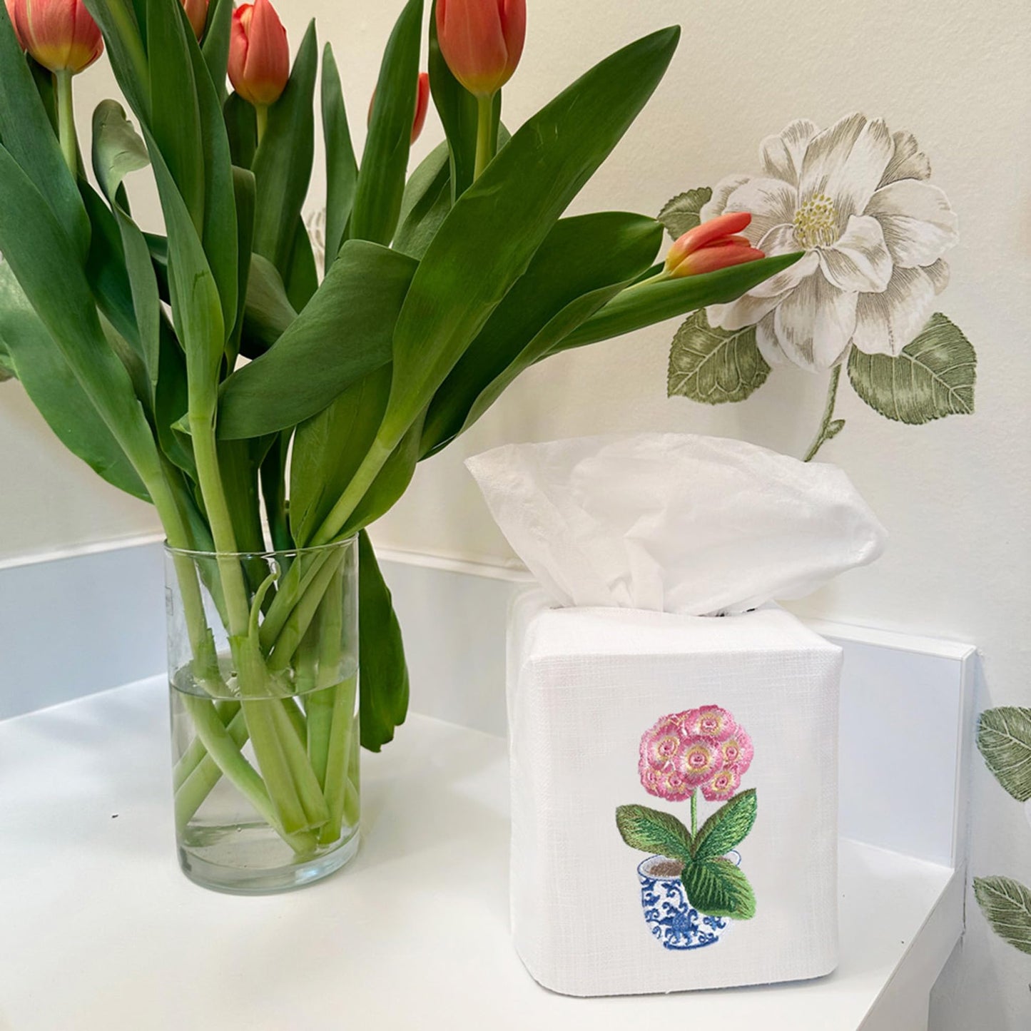 Jacaranda Living Square Tissue Box Cover, Linen/Cotton Fabric Tissue Holder, Decorative Cloth Tissue Cube Cover, Cover, Botanical Designs, Potted Primrose (Pink)