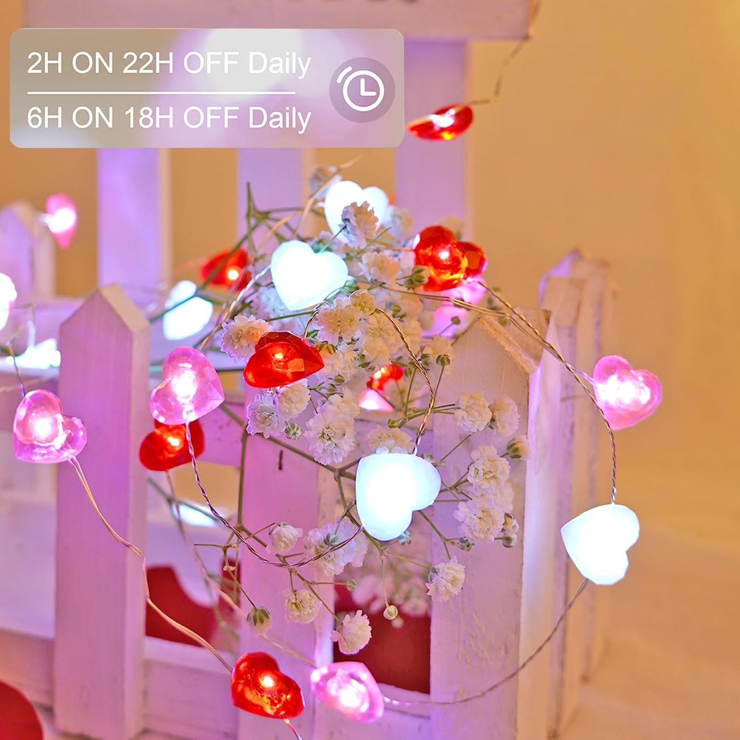 Libreath Valentines Day Decor 10 ft 40 LEDs Red White Pink Heart String Lights Battery Operated Garland Valentines Day Lights with Timer Valentine's Day Decorations for The Home Indoor Mother's Day