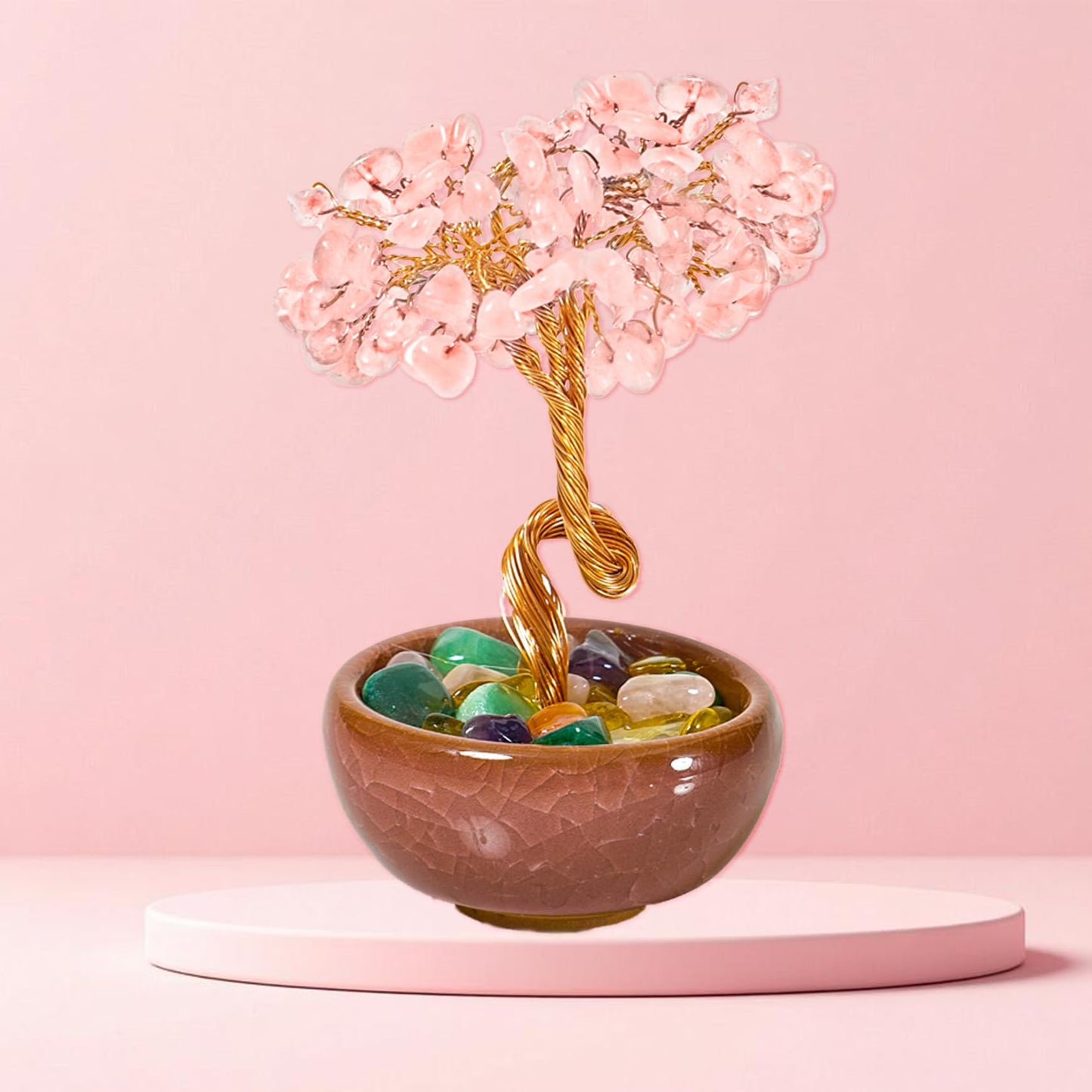 Rose Quartz Crystal Tree,Handmade Love Tree for Romance, Emotional Healing Feng Shui Crystal Tree with Copper Wire and Ceramic Base, Office Desk Decor, Birthday Gift for Women