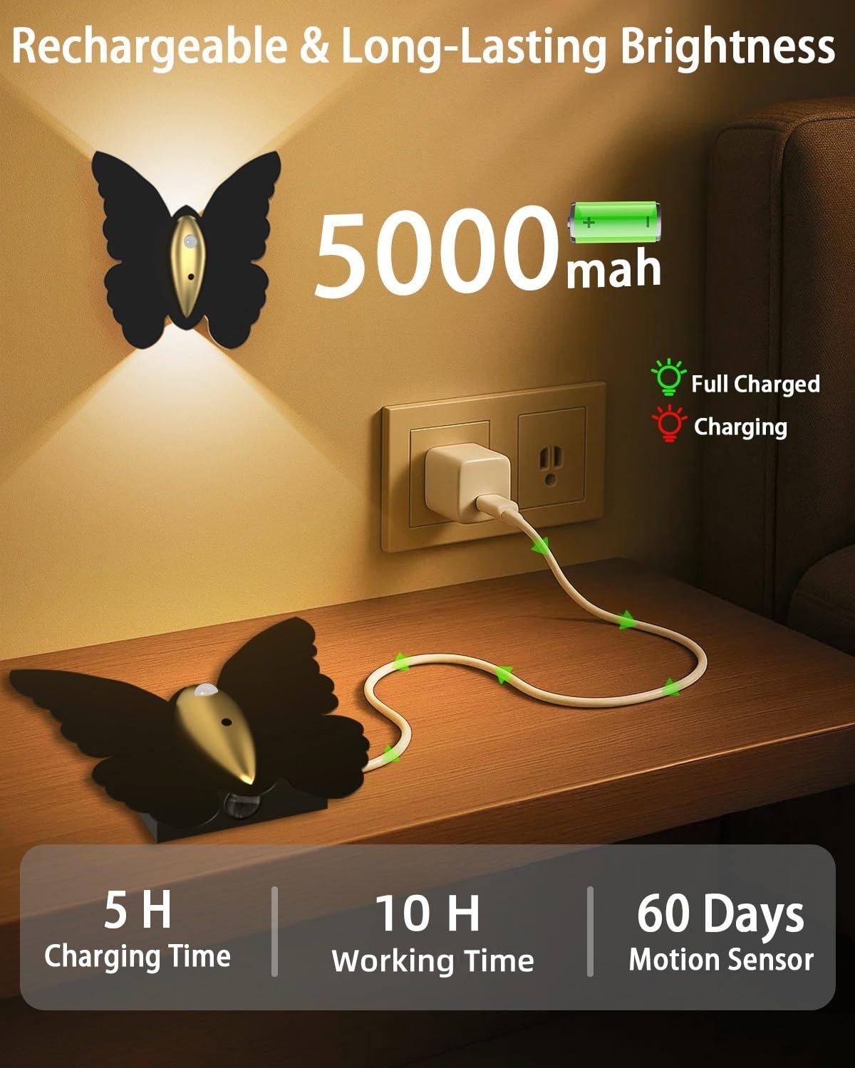 Eneru Battery Operated Wall Sconce Set of 2: 5000mAh Rechargeable Motion Sensor Night Light Wireless Wall Sconces Magnetic Closet Lights Stair Light Indoor Up and Down Wall Lamp for Bedroom Hallway