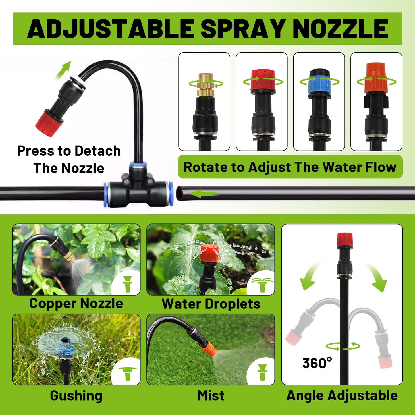 Kekangerly 100FT Drip Irrigation Kit - 28 Adjustable 360° Nozzles & T-Connectors for Garden, Lawn & Plant Watering System