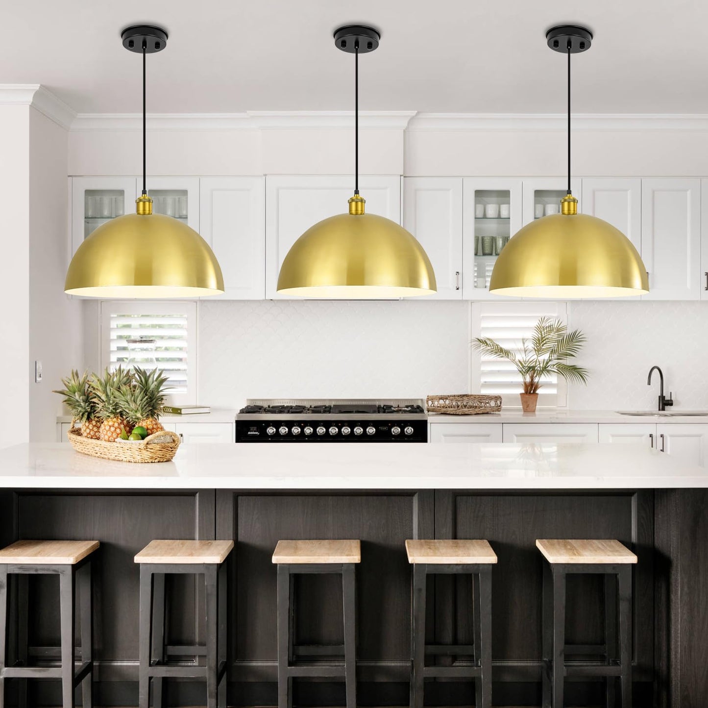 YOGIRL Gold Pendant Light, 16" Farmhouse Ceiling Light with Gold and White, Elegant Semi-Circular Shade Design, Adjustable Height Industrial Dome Pendant Lights for Kitchen Island, Dining Room