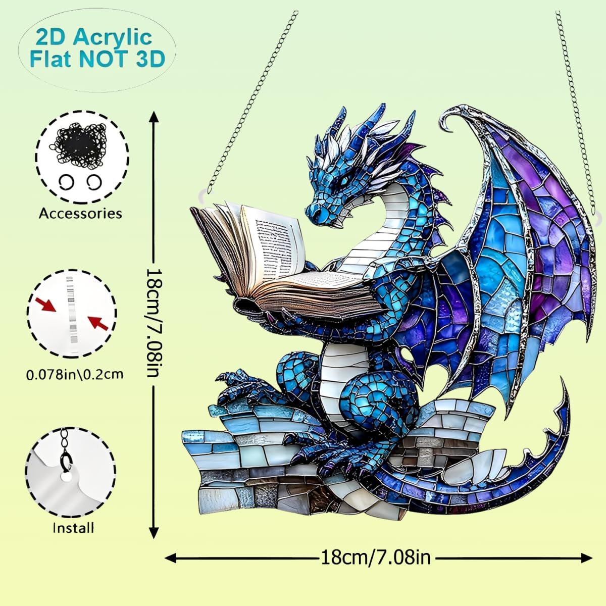 1PC Blue Dragon Reading Acrylic Suncatcher Hanging, 7.08 inch Window Decor with Printed Stained Glass Style Design, Rainbow Maker Wall Art, Gift Idea & Garden Ornament Indoor Outdoor Use/DW-17