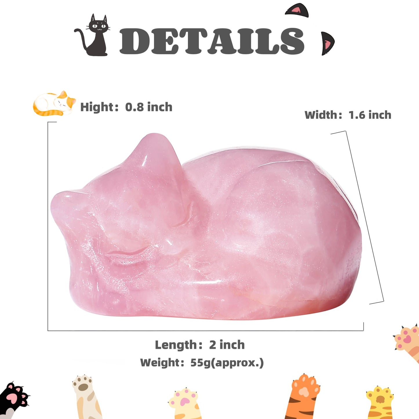 YATOJUZI 2" Cat Decors Statue Pink Home Office Desk Decor Rose Quartz Crystals Sleeping Cats Gemstone Hand-Carved Cute Crystal Animal Statues Figurine Kitten Ornaments Gifts for Women