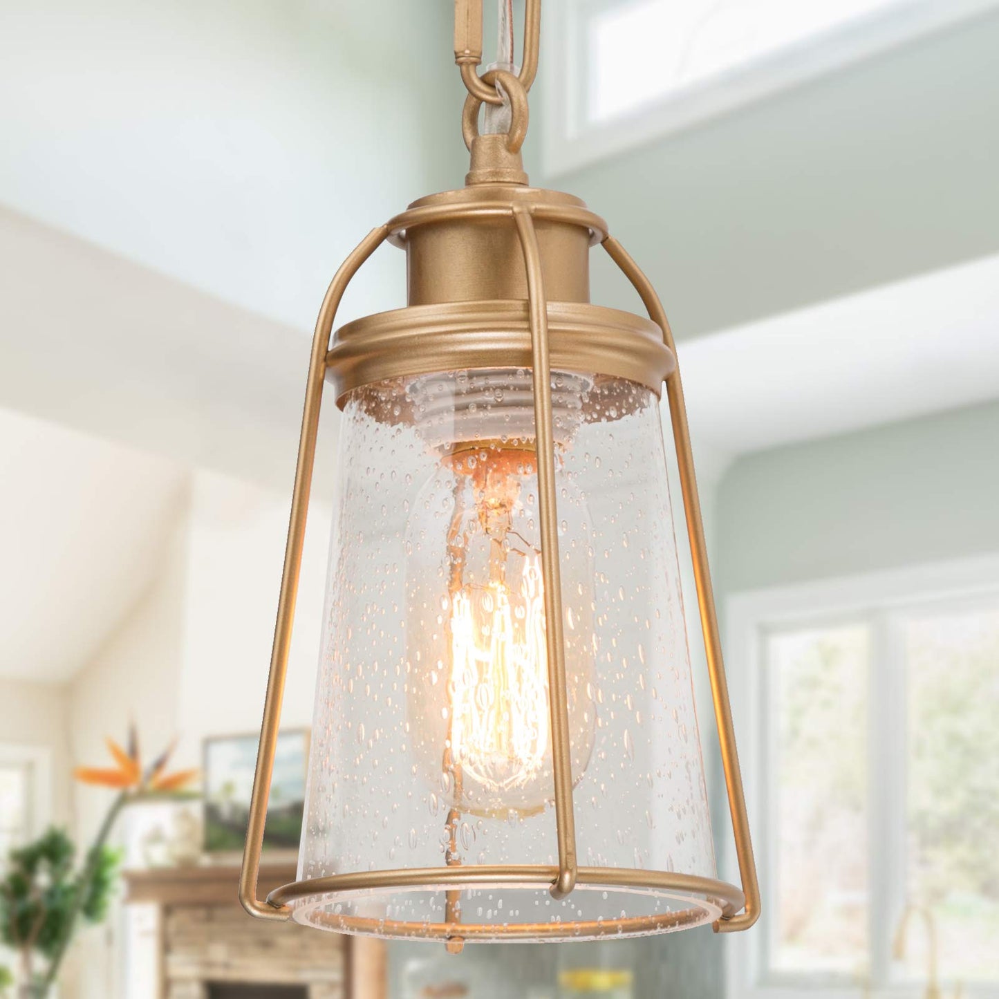 KSANA Gold Pendant Lighting, Mini Modern Hanging Light Fixture with Seeded Glass Shade for Kitchen Island, Foyer, Hallway, Bedroom and Entryway