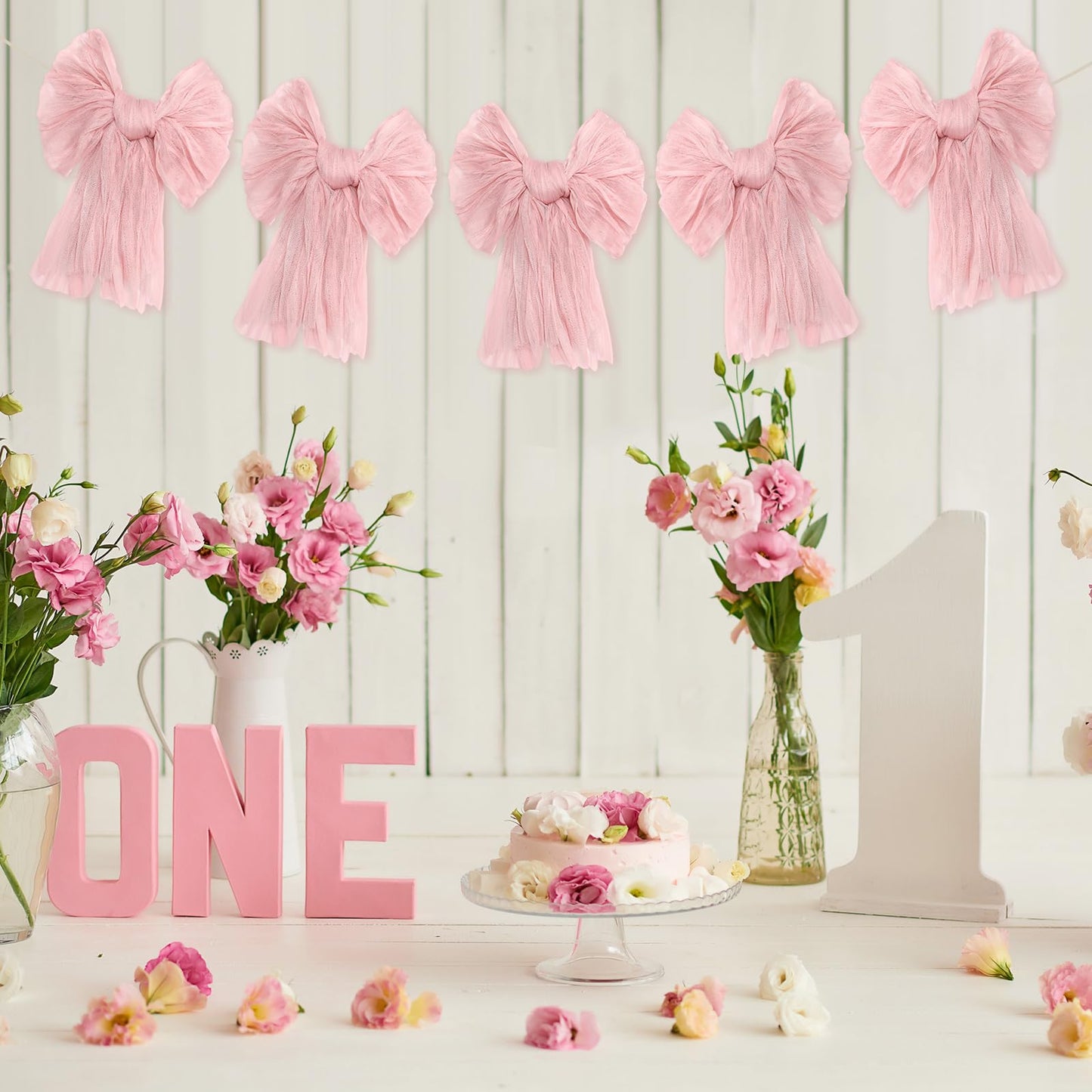VitalCozy Pink Bow Garland Banner for Coquette Birthday Pink Bow Party Hanging Swirls Decorations for Baby Shower Bridal Shower Bachelorette Party Decor