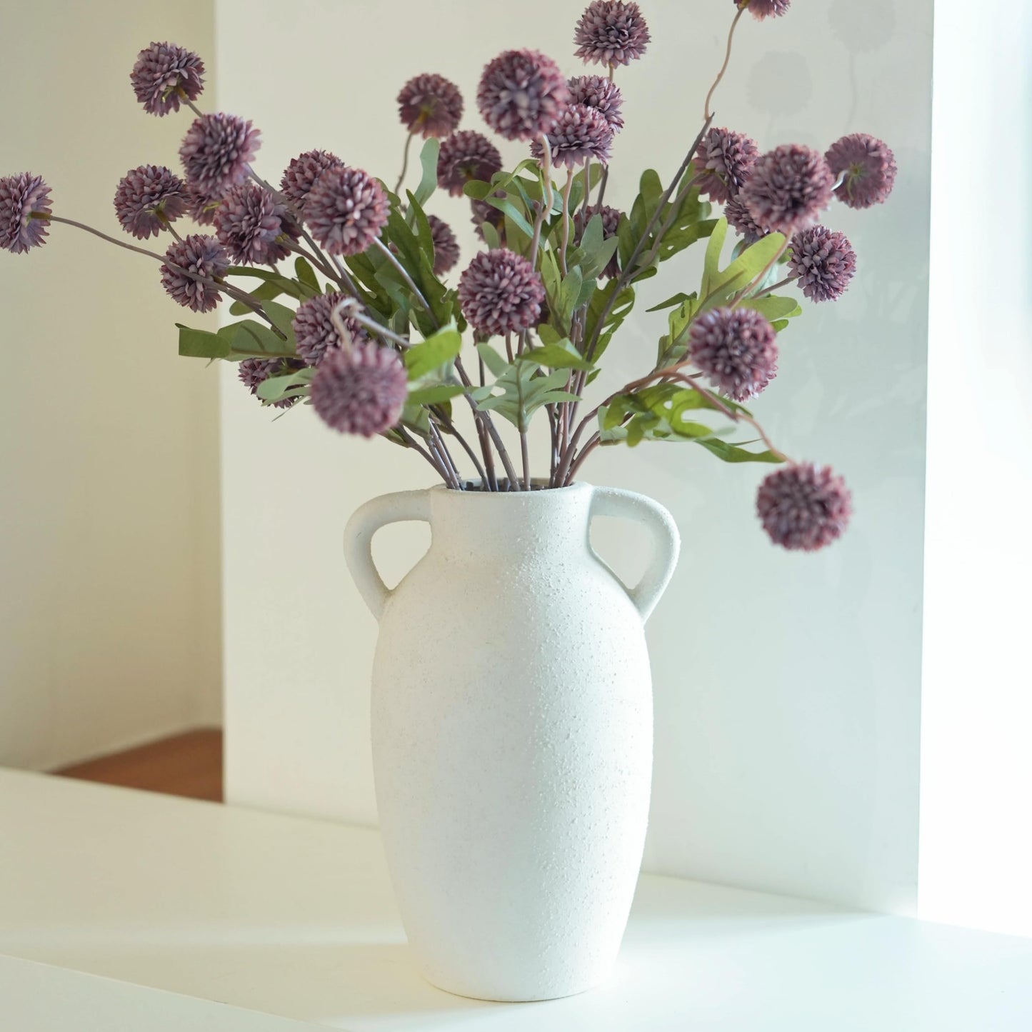 Wild Works Bailey Handmade Vase with 2 Ear Design 9.6'' Tall Ceramic Vase Retro Wabi-Sabi Style Floral Arrangement Vase Living Room Ceramic Flower Holder Hydroponic Planting（White