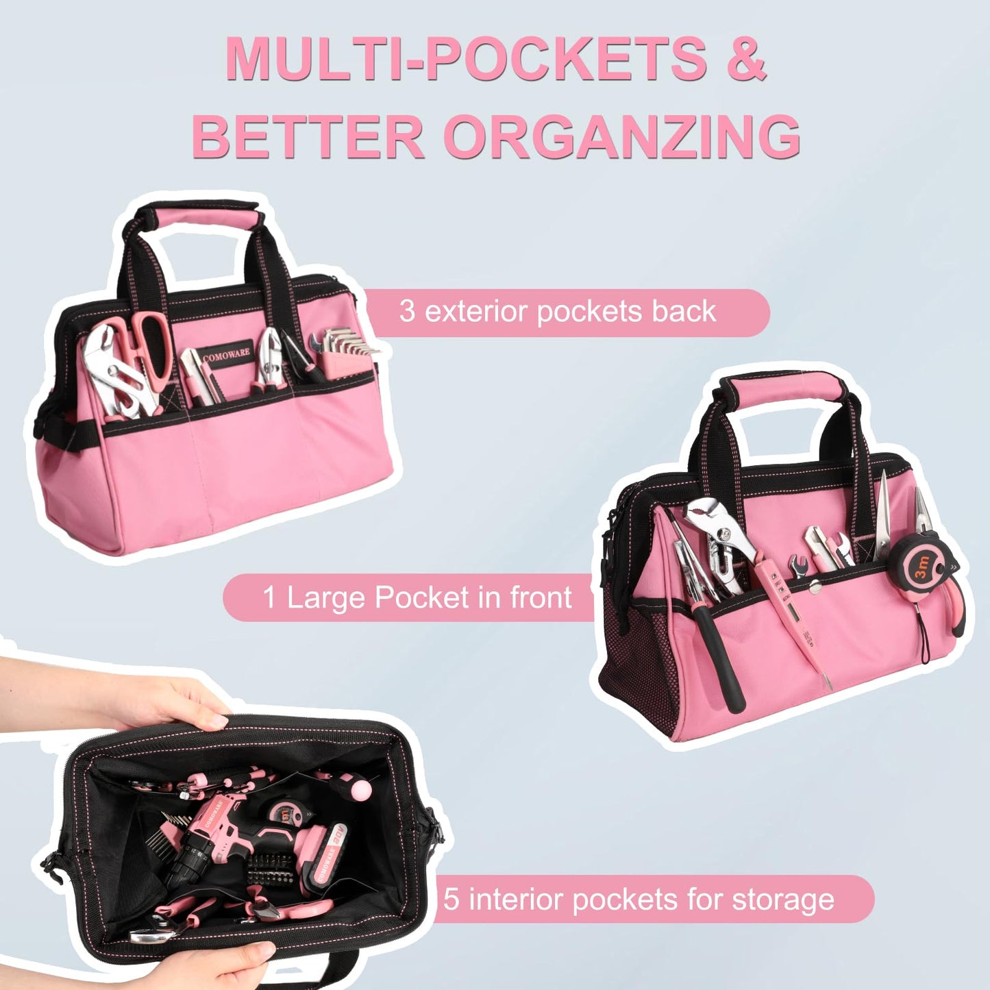 COMOWARE 13-Inch Tool Bag, Pink Soft Storage Bags with Inside Pockets, Wide Mouth Pink Tool Tote Bag