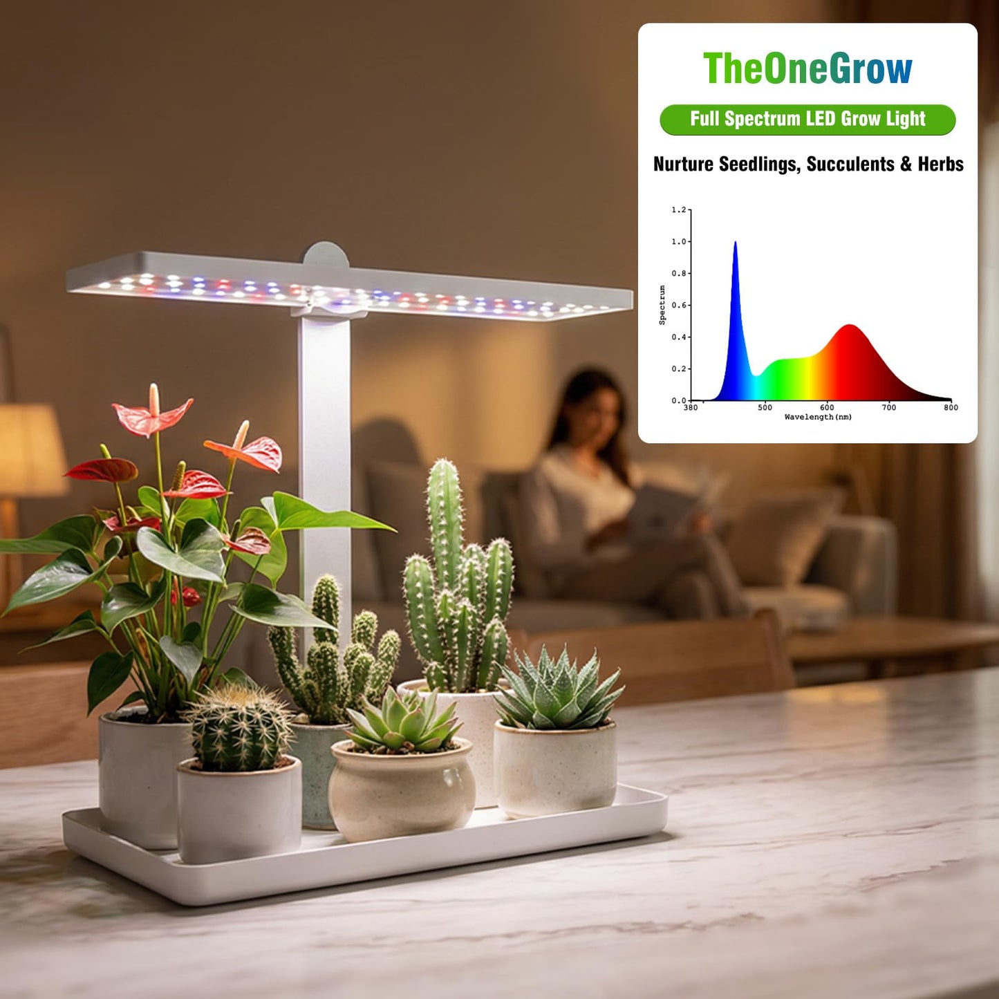 Desk Grow Light with Tray, Small Full Spectrum Plant Light for Indoor Plants, Adjustable Height Tabletop Grow Lamp for Succulents, Bonsai, Seedlings & Herbs, Auto 3/9/12H Timer, 4 Dimmable Levels