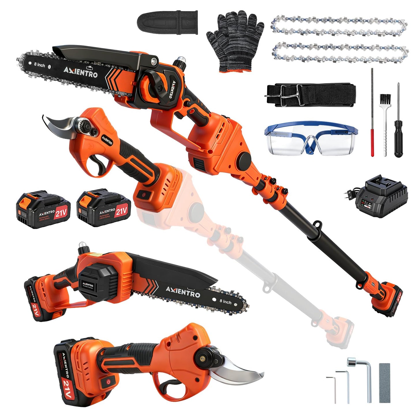 Axientro 4-in-1 Pole Saw & Pruning Shears, 8-in Brushless Motor Pole Saw for Tree Trimming, Electric Pruners with Extendsion Pole, 2x4000mAh Li Batteries & Charger, 16FT Max Reach