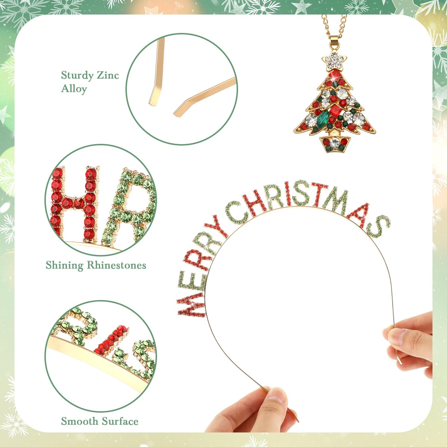 Quelay 16 Pcs Christmas Jewelry Set Include 8 Christmas Headbands 8 Pcs Xmas Necklaces Rhinestone Snowflake Deer Antlers Hairband Wreath Bell Necklace for Women New Year Party Favor Gift Accessory