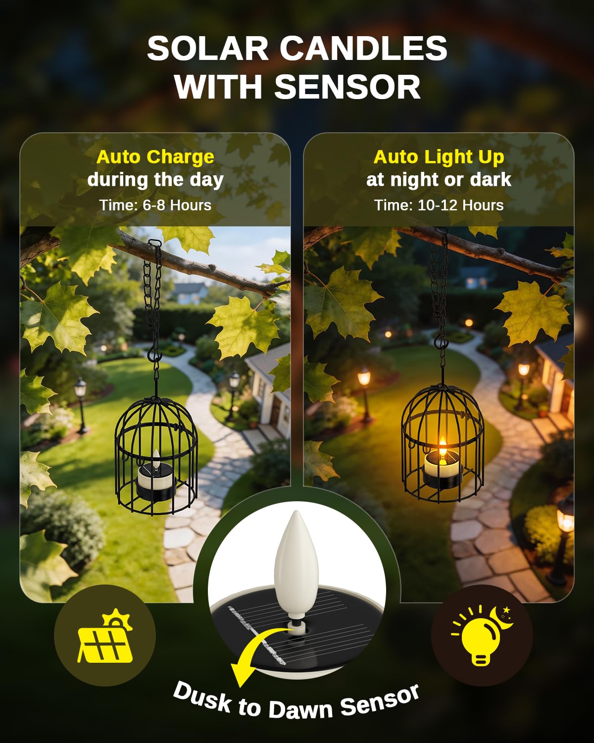 SoulBay Outdoor Lanterns with Solar Tea Lights, 4 Pack(2L 2S) Hanging Waterproof Solar Lights for Outside with Extended Chain, Bright & Long Lasting Solar Candles, Birdcage Lamp for Tree Patio Garden