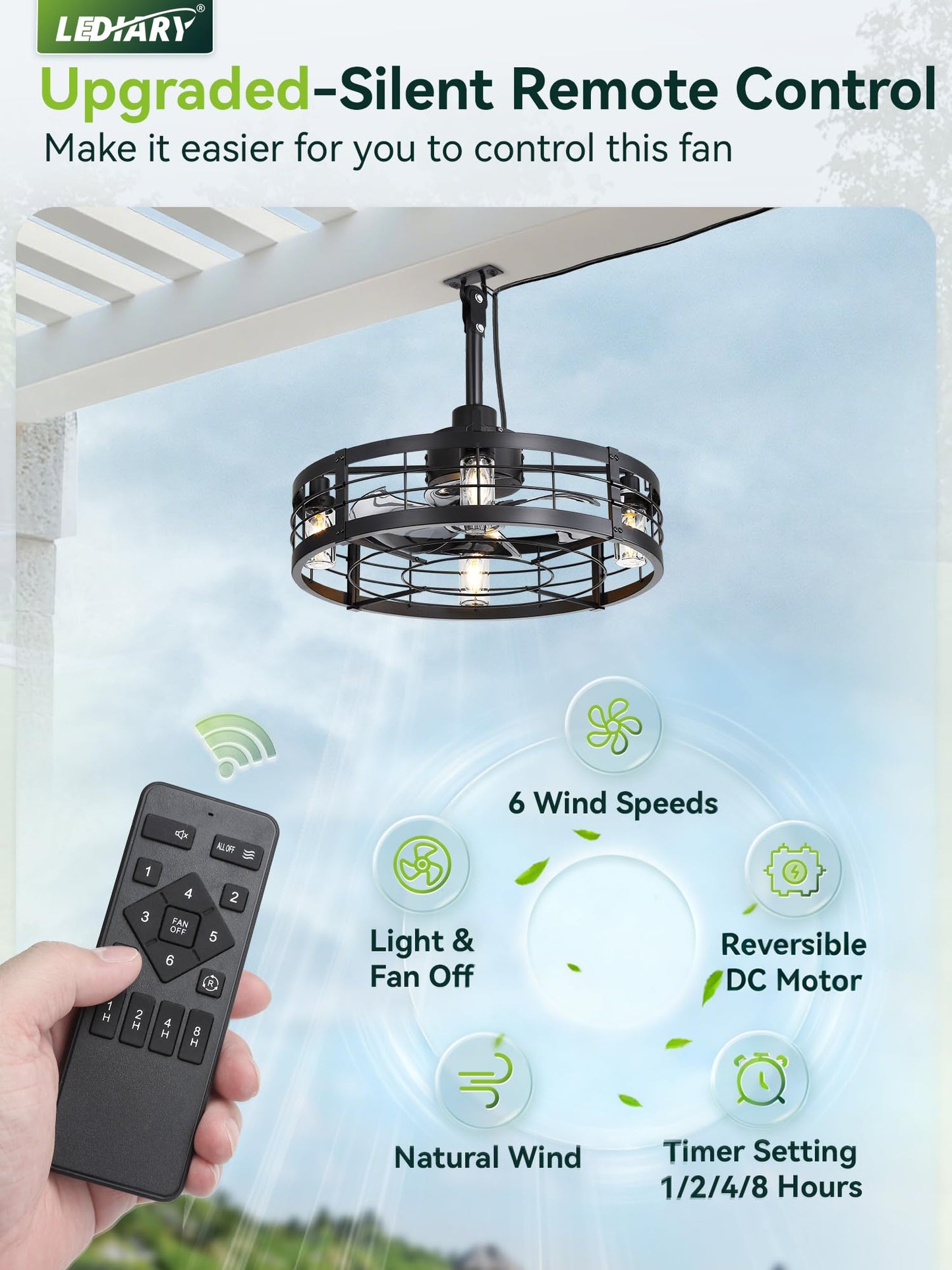 LEDIARY 22" Outdoor Ceiling Fans with Light, Waterproof Gazebo Fan with Hanging Hook, Plug in Ceiling Fan with Remote,Caged Ceiling Fan with 6 Speed Timer for Patio, Porch, Pergola, Black