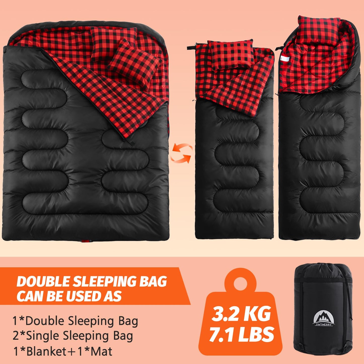 Swtmerry Double Sleeping Bag for Adults with 2 Pillows, Big & Tall Queen Size XL Sleeping Bag for 2 Person, Waterproof & Lightweight Warm for 3 Seasons, Cold Weather,Camping, Hiking & Backpacking