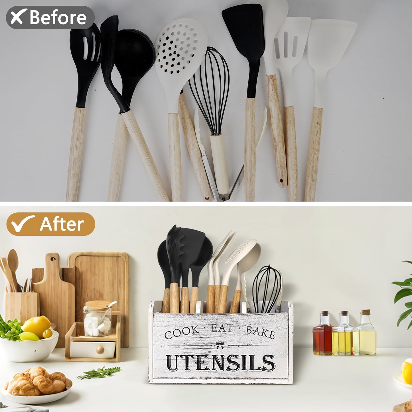 Essovee Farmhouse Kitchen Utensil Holder with 3 Compartments, Wooden Utensil Organizer for Countertop, Utensil Holder Rustic Cooking Utensil for Farmhouse Kitchen Decor