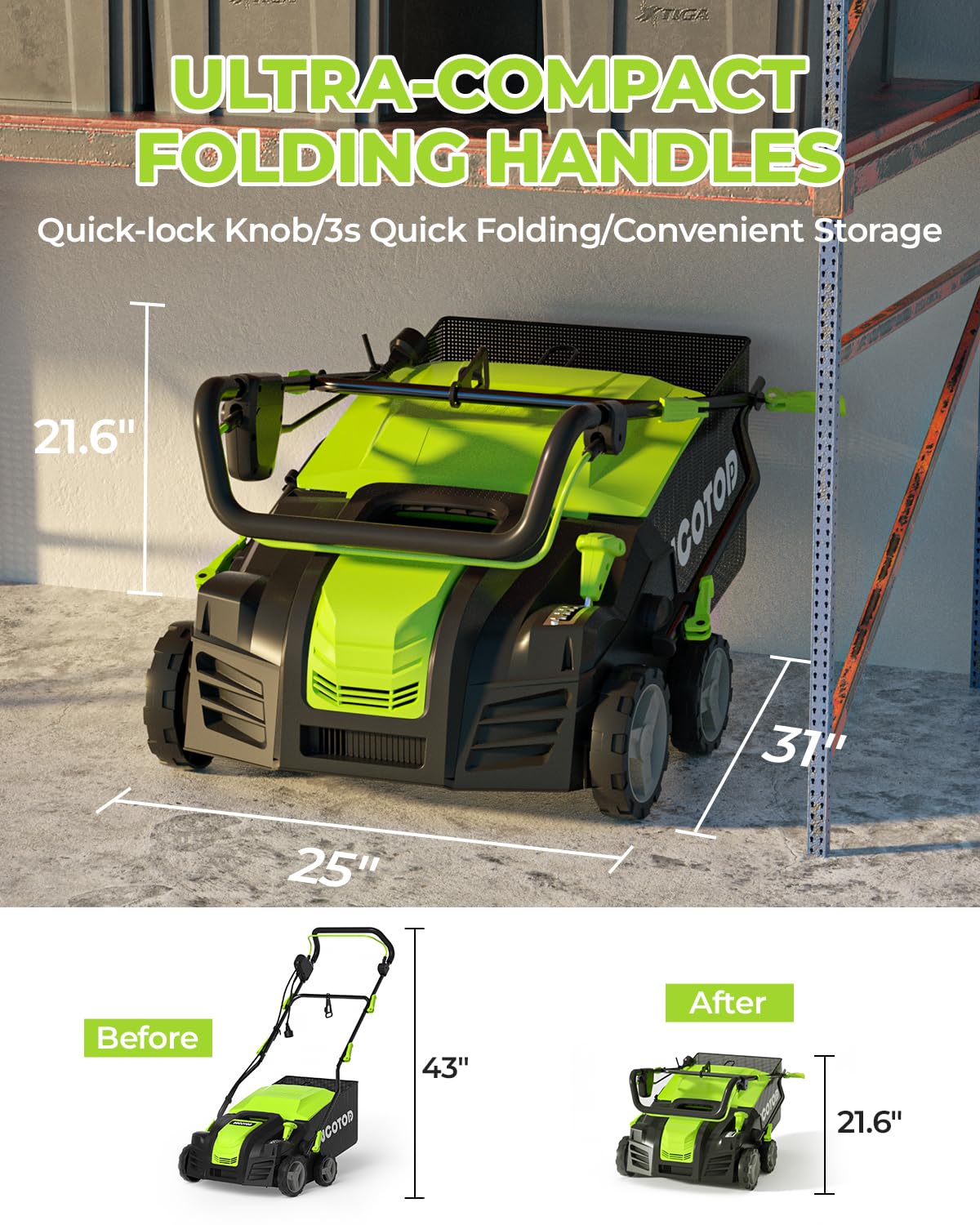 2-in-1 Dethatcher & 16-Inch Scarifier Electric Corded, 15 Amp Copper Motor, Electric Lawn Dethatcher with 5-Position Depth Adjustment, 14.5 gal Thatch Bag,Walk Behind for Yard Lawn Garden Care