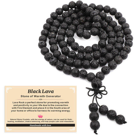 AD Beads 8mm 108 Prayer Mala Black Lava Elastic Bracelet - Warmth Generator - Handmade Yoga Meditation Healing Power Energy Gifts for Unisex Adult.