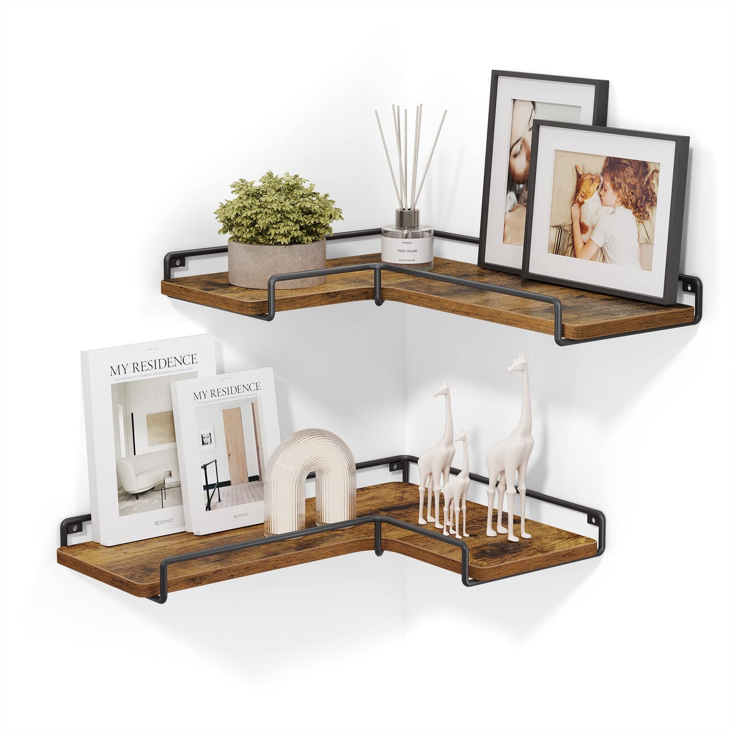VASAGLE Corner Shelf Wall Mount Set of 2, Floating Shelves, Small Wall Shelf for Decor Storage, for Living Room Bedroom Kitchen Bathroom, Rustic Brown and Black ULLS831B01