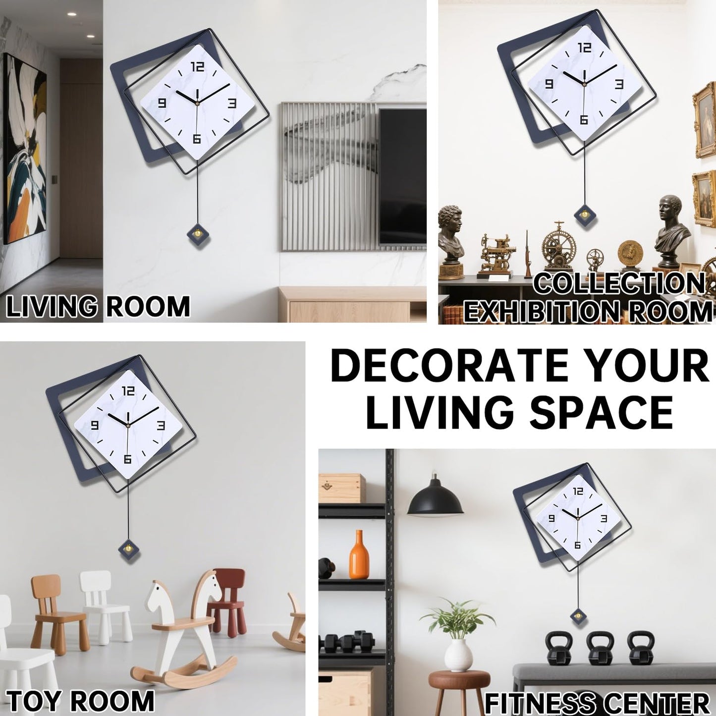 Wall Clock with Pendulum, Silent Quality Quartz Battery Operated, Metal Modern Large Wall Clocks for Living Room Kitchen Home Bathroom Bedroom Wall Decor,16x21inch(Black)