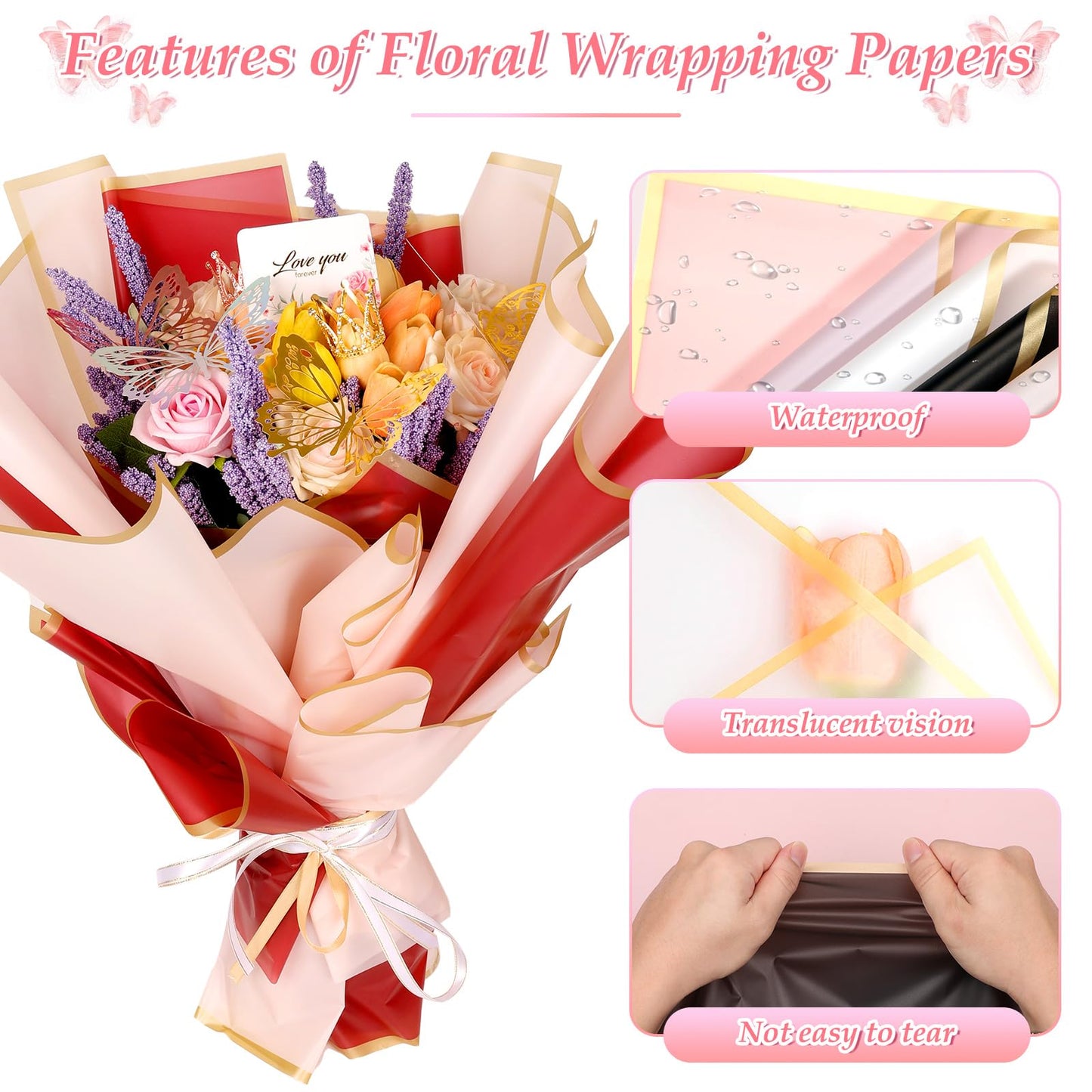 276 PCS Flower Wrapping Paper Bouquet Kit, 30 Sheets Waterproof Floral Wrapping Paper With Ribbons, Flower Pearl Pins, Bamboo Skewers, 3D Butterflies Crowns for Florist Craft Mother's Day Birthday