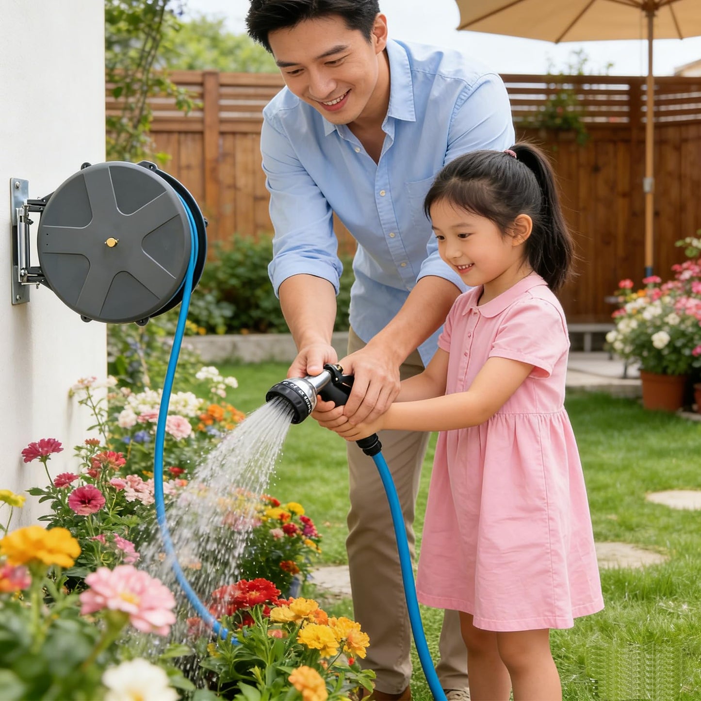 Maxcarl Retractable Water Hose Reel 1/2 in x 65 ft with Spray Gun, Wall Mounted High Pressure Hose Reel