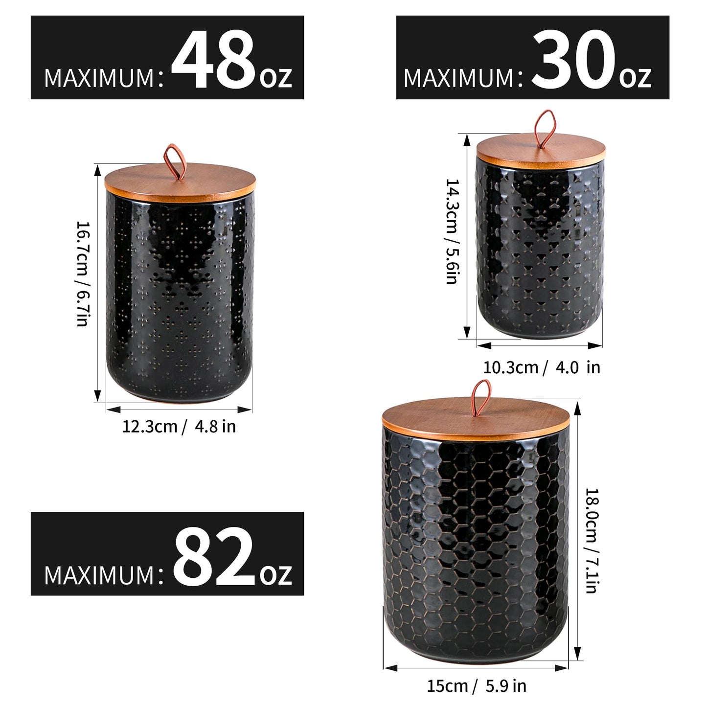 JOJUNO Black Ceramic Canister Set with Wooden Lids – 3-Piece Airtight Food Storage Jars for Kitchen, Embossed Design, Small/Medium/Large Sizes (30/48/82 oz) – Flour, Sugar, Coffee, Tea Containers