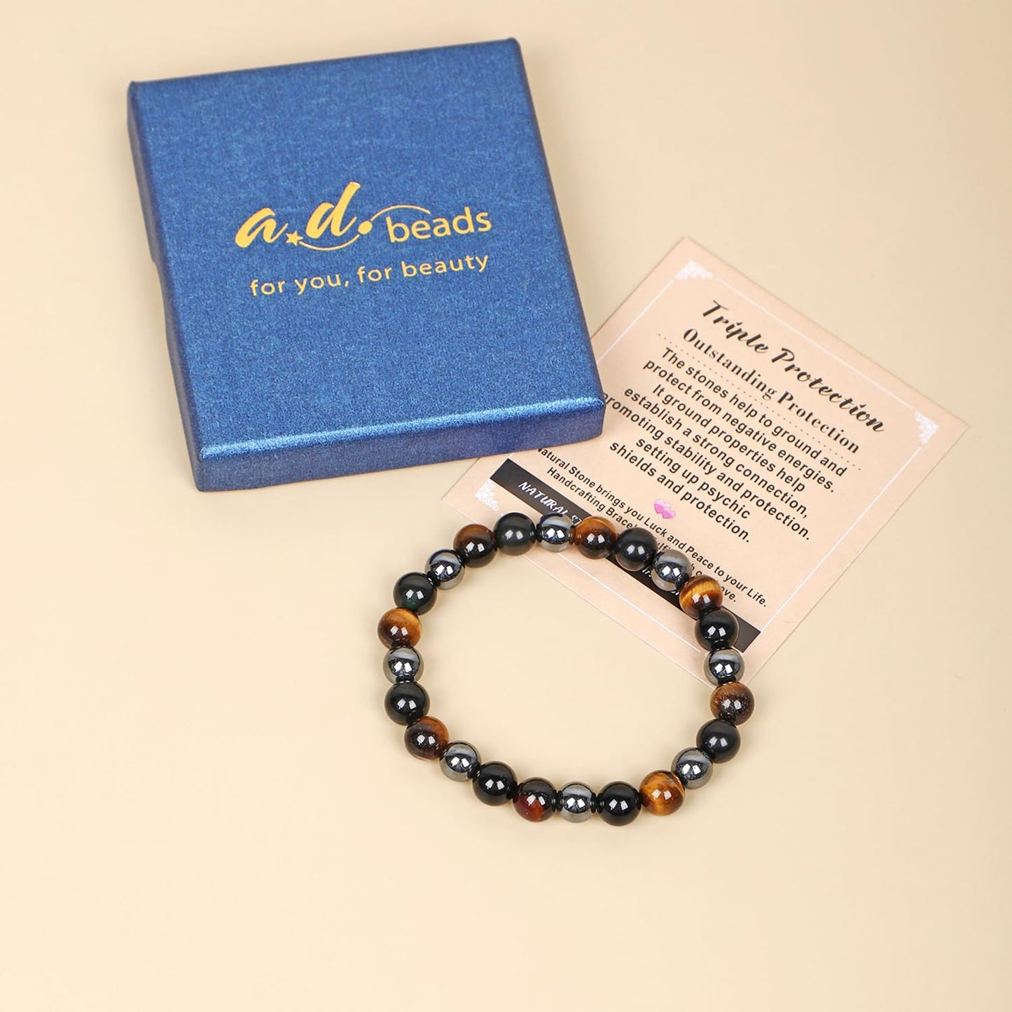AD Beads Handmade Gemstone Stretch Elastic Bracelet Crystal Healing Reiki Nature's Beauty and Spiritual Essence Unisex (8mm, Triple Protection (Strong Protect))