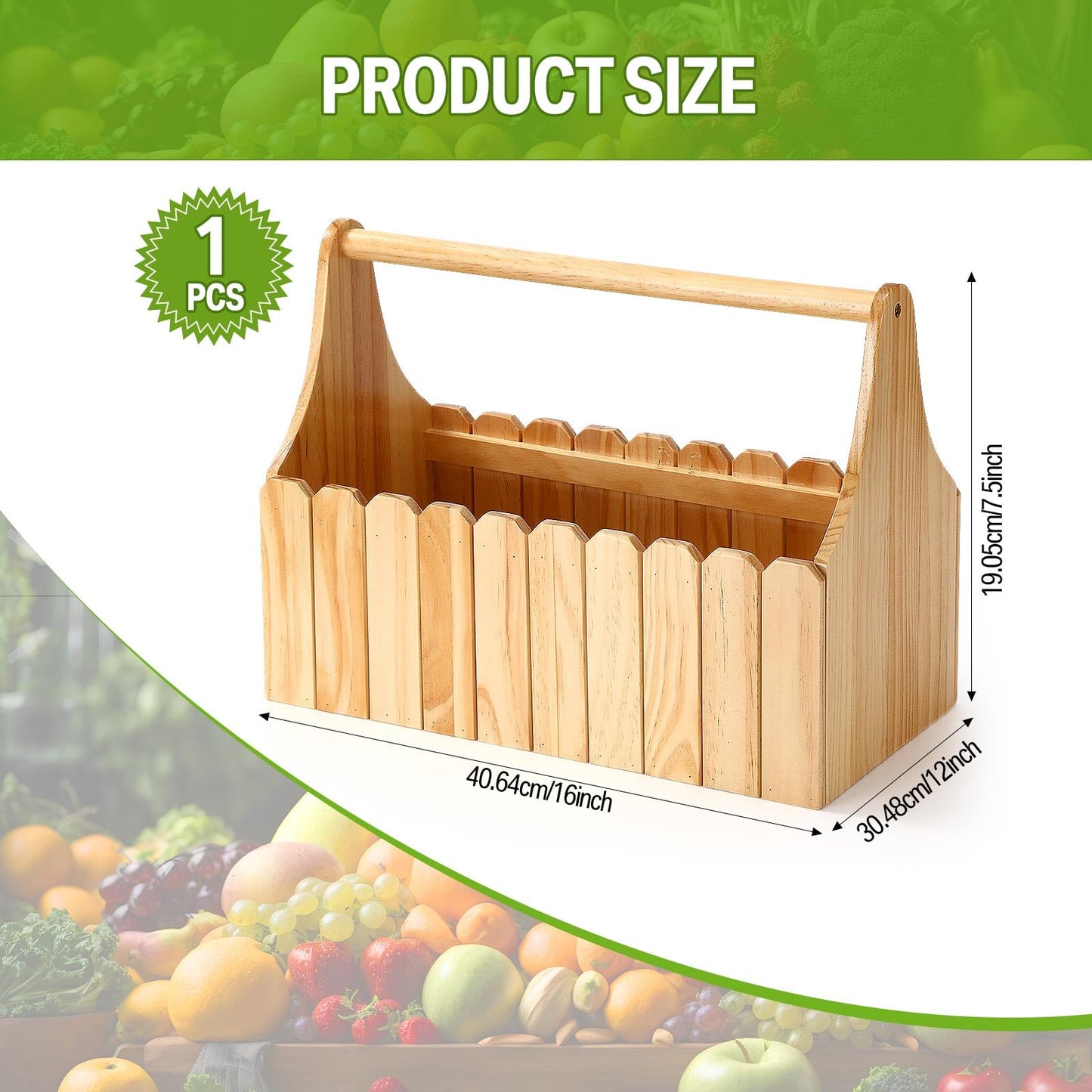 Remerry 16 Inch Garden Harvest Basket Wooden Caddy with Handles Fruit Flower Gathering Basket Garden Hod Storage Box with Wood Slats for Harvesting Vegetables Gardeners Home Use Gifts