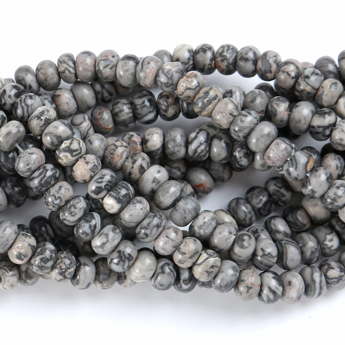 76pcs 5x8mm Natural Stone Gray Map Jasper Rondelle Spacer Loose Beads Abacus Disk Stone Round Loose Gemstone Beads for Jewelry Making DIY Bracelet Necklace