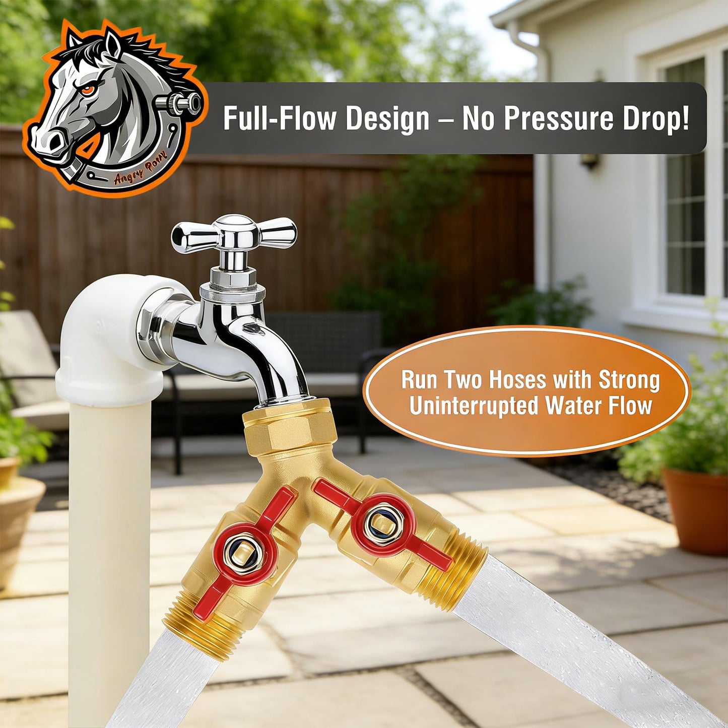 Angry Pony Brass Garden Hose Splitter 2 Way with Shut Off, Heavy Duty 3/4 GHT Hose Y Splitter for Outdoor Faucet, Dual Water Spigot Connector for Garden Watering, Sprinkler and Car-Washing