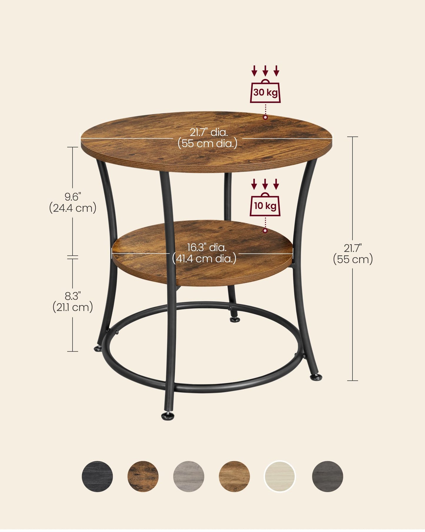 VASAGLE 21.7-Inch Round Side Table, 2-Tier End Table, Nightstand with Steel Frame, Spacious Top, for Small Spaces, Living Room, Bedroom, Rustic Brown and Ink Black ULET56BX