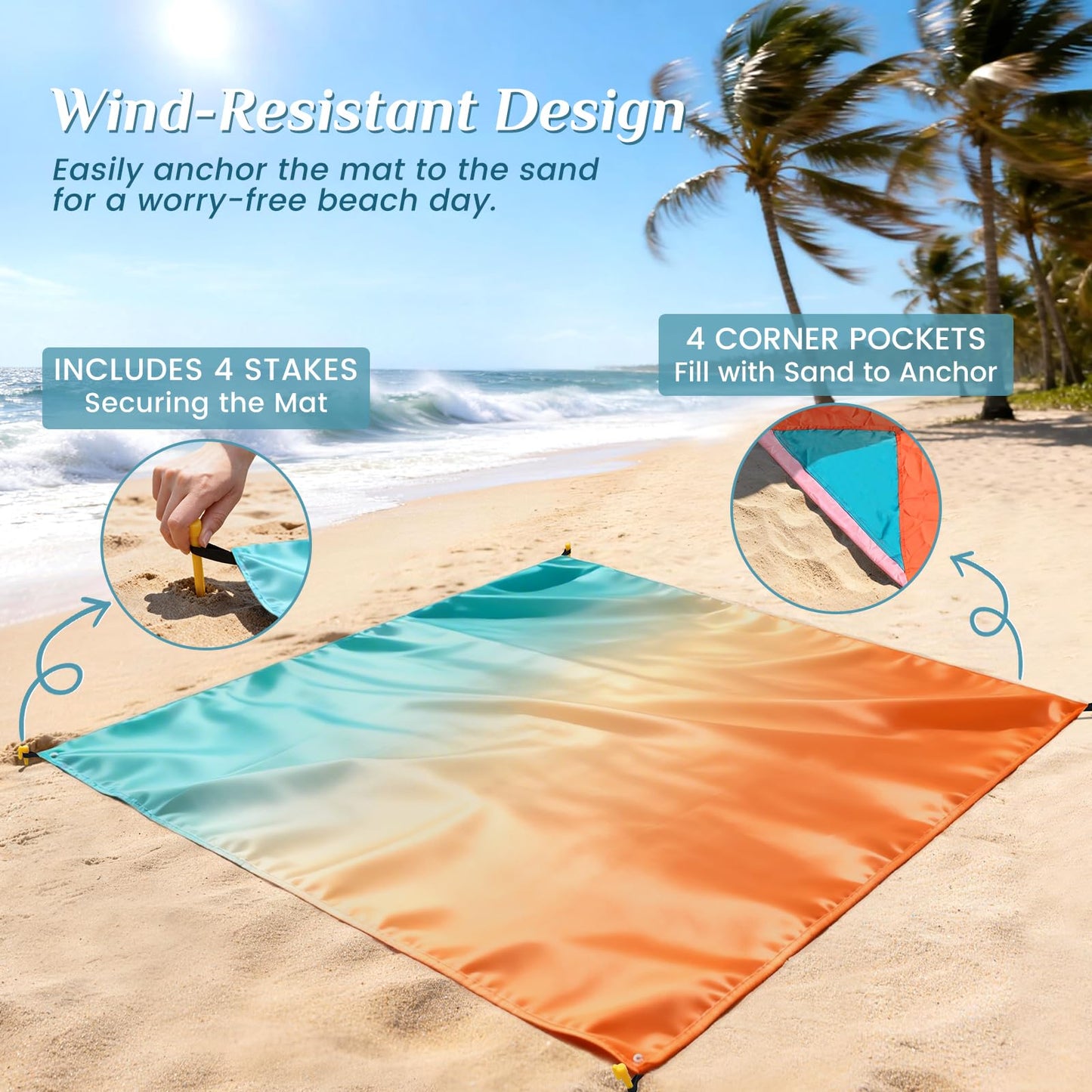 sapsisel Beach Blanket Waterproof Sandproof, Extra Large Beach Mat 79 * 83inch,Outdoor Picnic Blanket with 4 Stakes for Travel Beach Camping Hiking