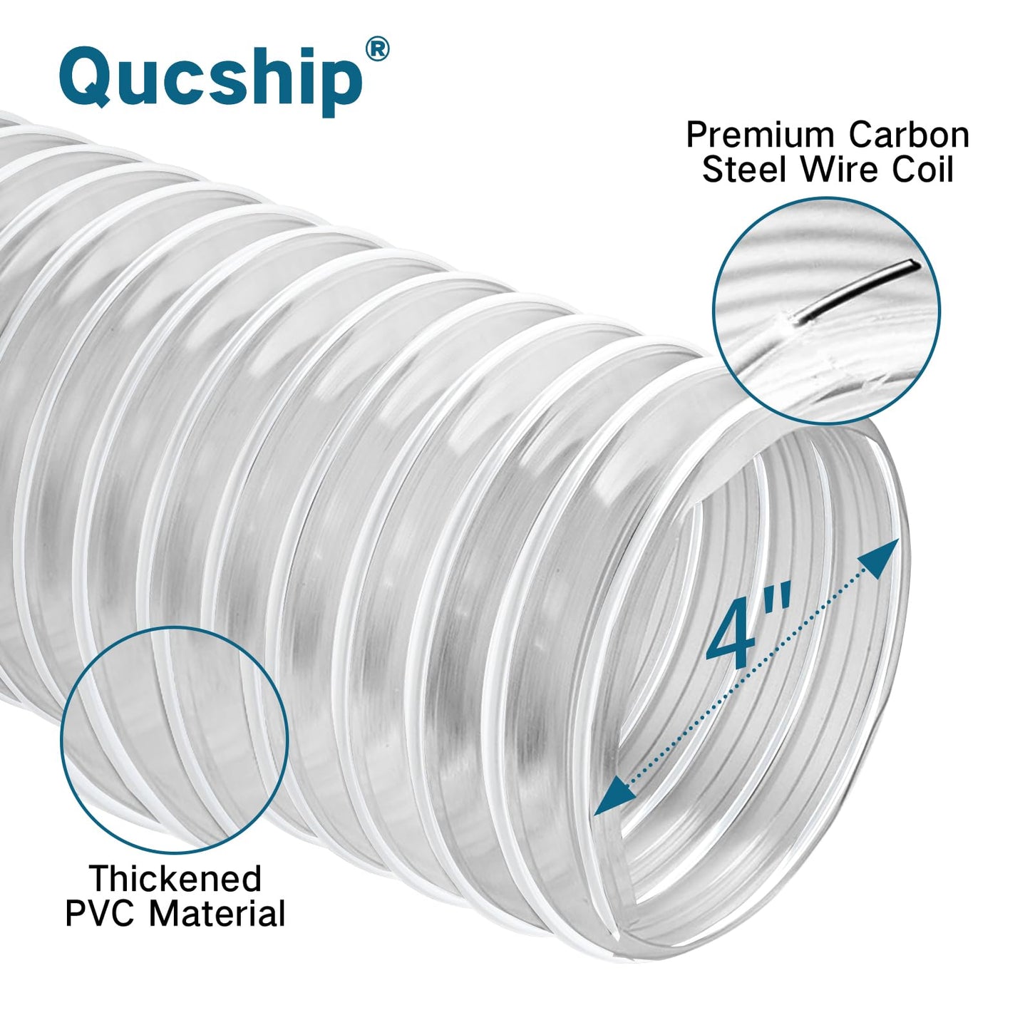 Qucship PVC Dust Collection Hose 4" x 10', Puncture-Resistant, Flexible Clear PVC Fume Hose with Carbon Steel Wire Coil for Dust Collection Systems