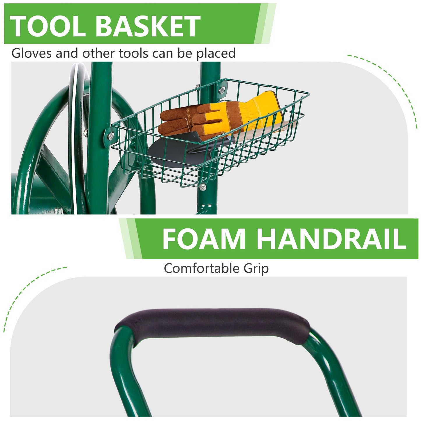 FDW Garden Hose Reel Cart, Water Hose Cart with 4 Wheels, Hold Up to 300 ft of 5/8’’ Hose，Heavy Duty Powder-Coated Steel Planting with Storage Basket, for Garden, Yard and Lawn