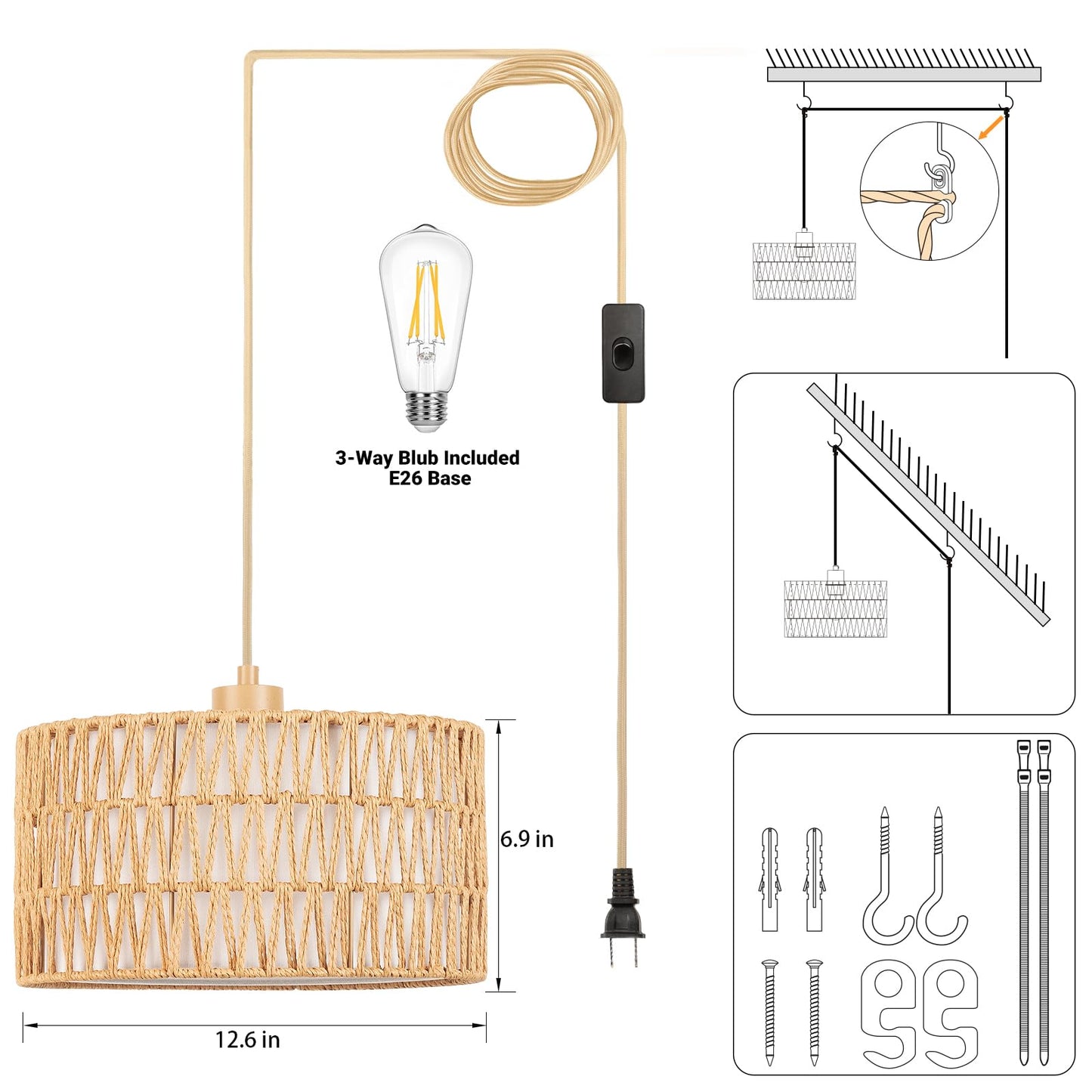 Qingmiao Boho Plug in Pendant Light, Rattan Hanging Lamp Plug in with Woven Shade, 3-Way Dimmable Hanging Light Fixture for Living Room Bedroom Kitchen Ceiling Home Decor