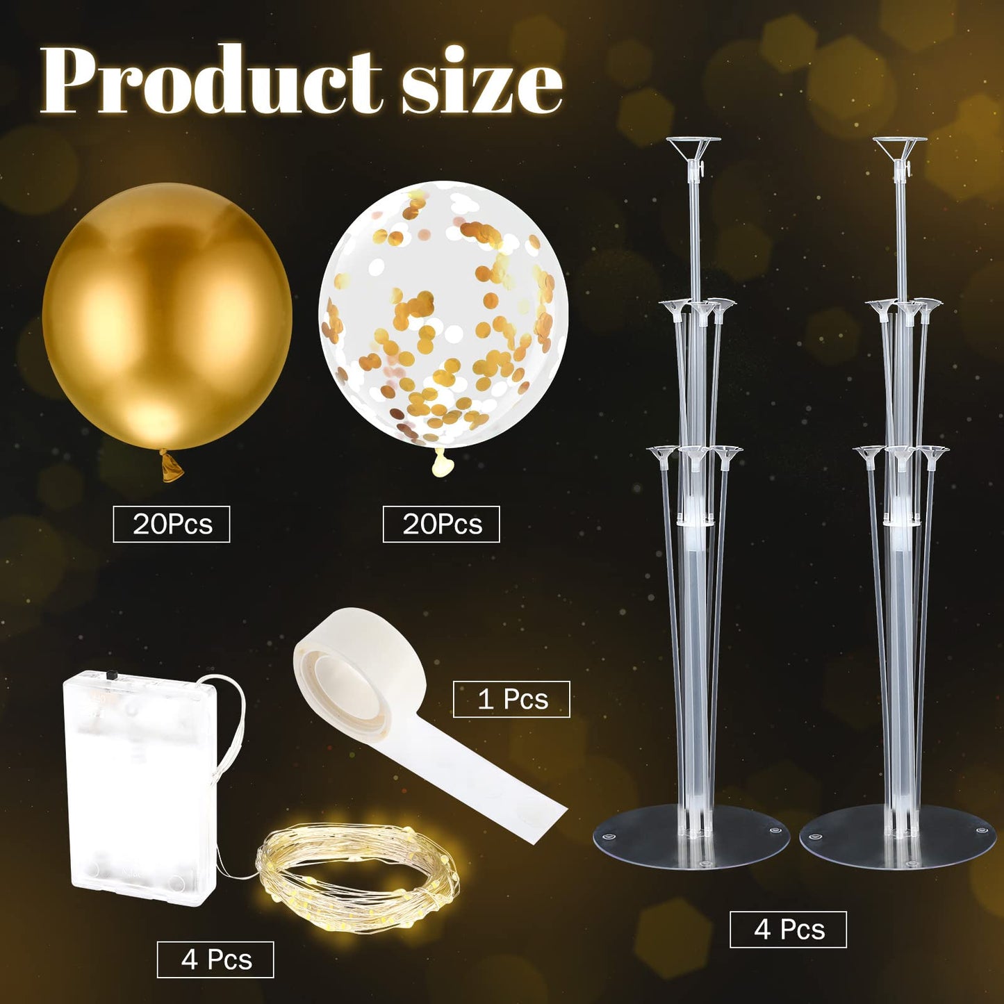 4 Set Table Balloon Stand Kit with Lights Balloons Holders Centerpieces for Table Light up Tabletop Centerpieces for Wedding Birthday Bridal Shower Baby Shower Graduation(Gold)
