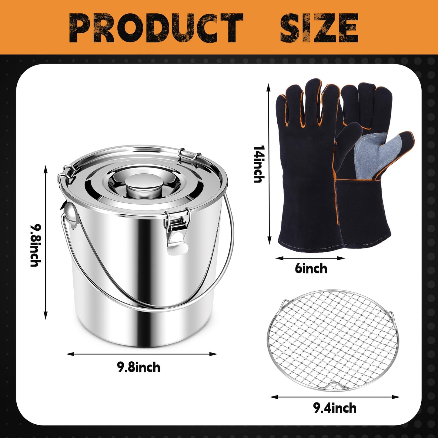 Mifoci 3 Pcs Charcoal Saver Kit 3 Gallon Stainless Steel Charcoal Extinguishing Bucket with Lockable Lid Coal Extinguishing Pot for Grills Wood Burning Stoves Campfires Ash Storage
