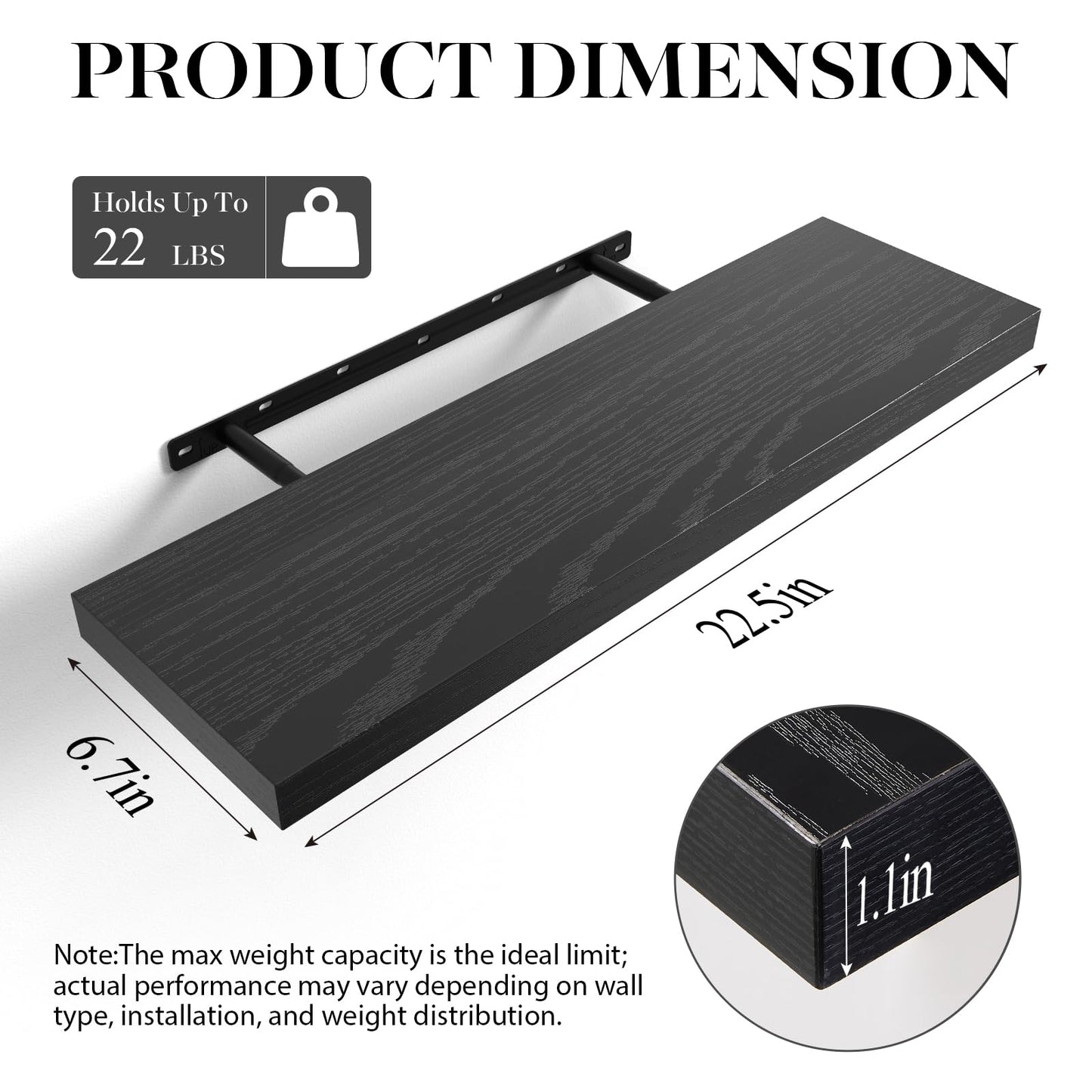 BAYKA Floating Shelves for Wall, 22.5 inches Black Wall Shelves for Bathroom, Bedroom, Living Room, Kitchen & Book, Hanging Display Decor Organizer Shelf with 22 lbs Capacity