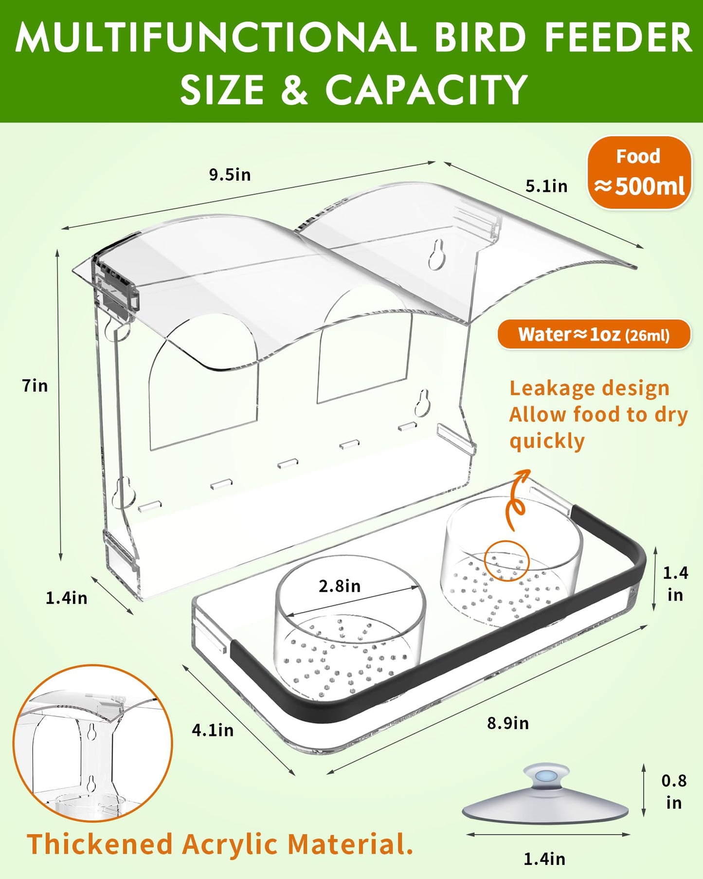 COJOSQC Window Bird Feeder with Strong Suction Cups, Clear Acrylic Design for Close-Up Bird Watching, Durable, Weatherproof, Easy to Install, Large Seed Tray, Drain Holes to Keep Food Dry, For Outdoor