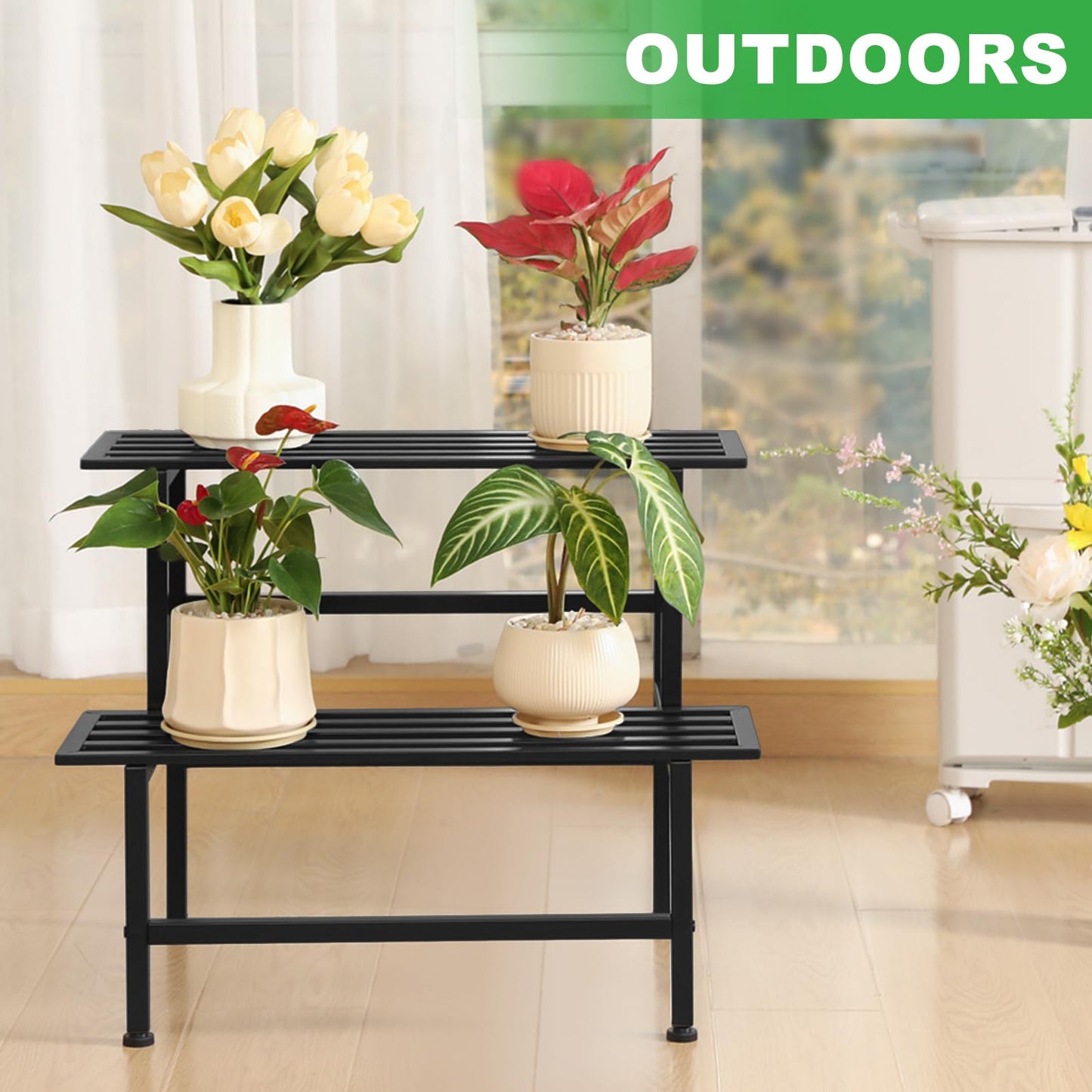 Dipion Metal Plant Stand Outdoor Plant Shelf Indoor,2 Tier Heavy Duty Ladder Plant Stands for Multiple Plants,26" L x 20.25" H x 17.75" W,Black
