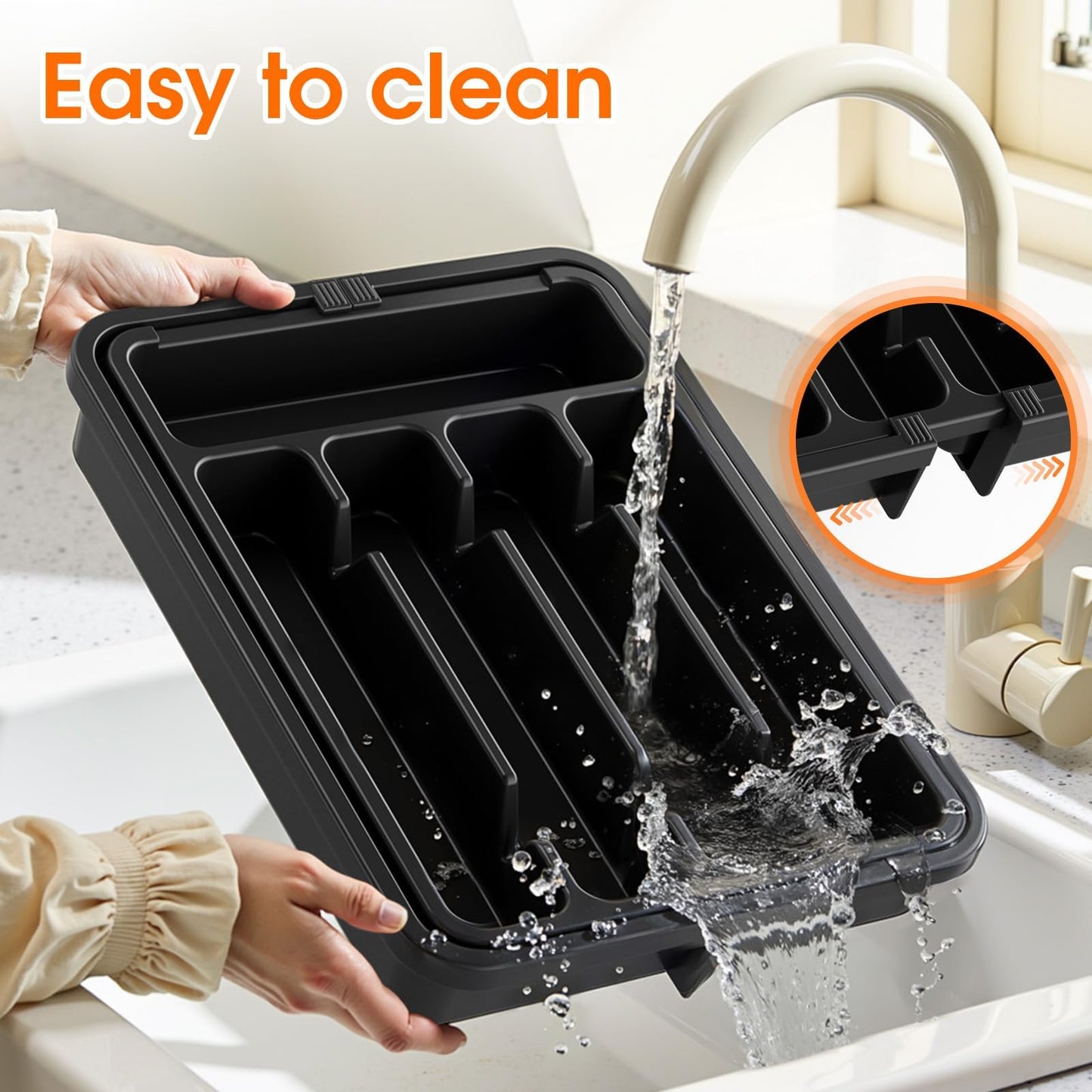 SpaceHacks Silverware Organizer，Adjustable & Expandable Utensil Drawer Organizer, BPA Free Utensil Holder, Cutlery Tray for Forks, Spoons, Knives in Kitchen, Medium, Black