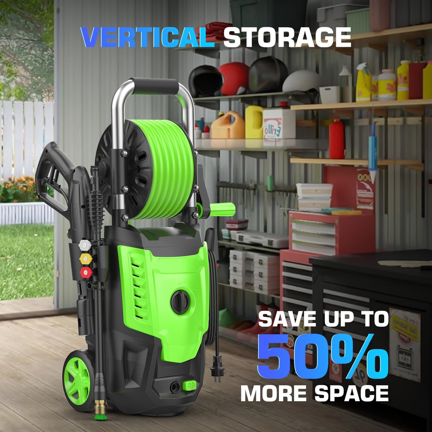 4800PSI Electric Pressure Washer- 3.8GPM High Power Washer with 33FT Hose Reel, 4 Spray Tips and Soap Bottle for Car Washing, Fence Cleaning, Patio Maintenance（Upgraded） (Green)